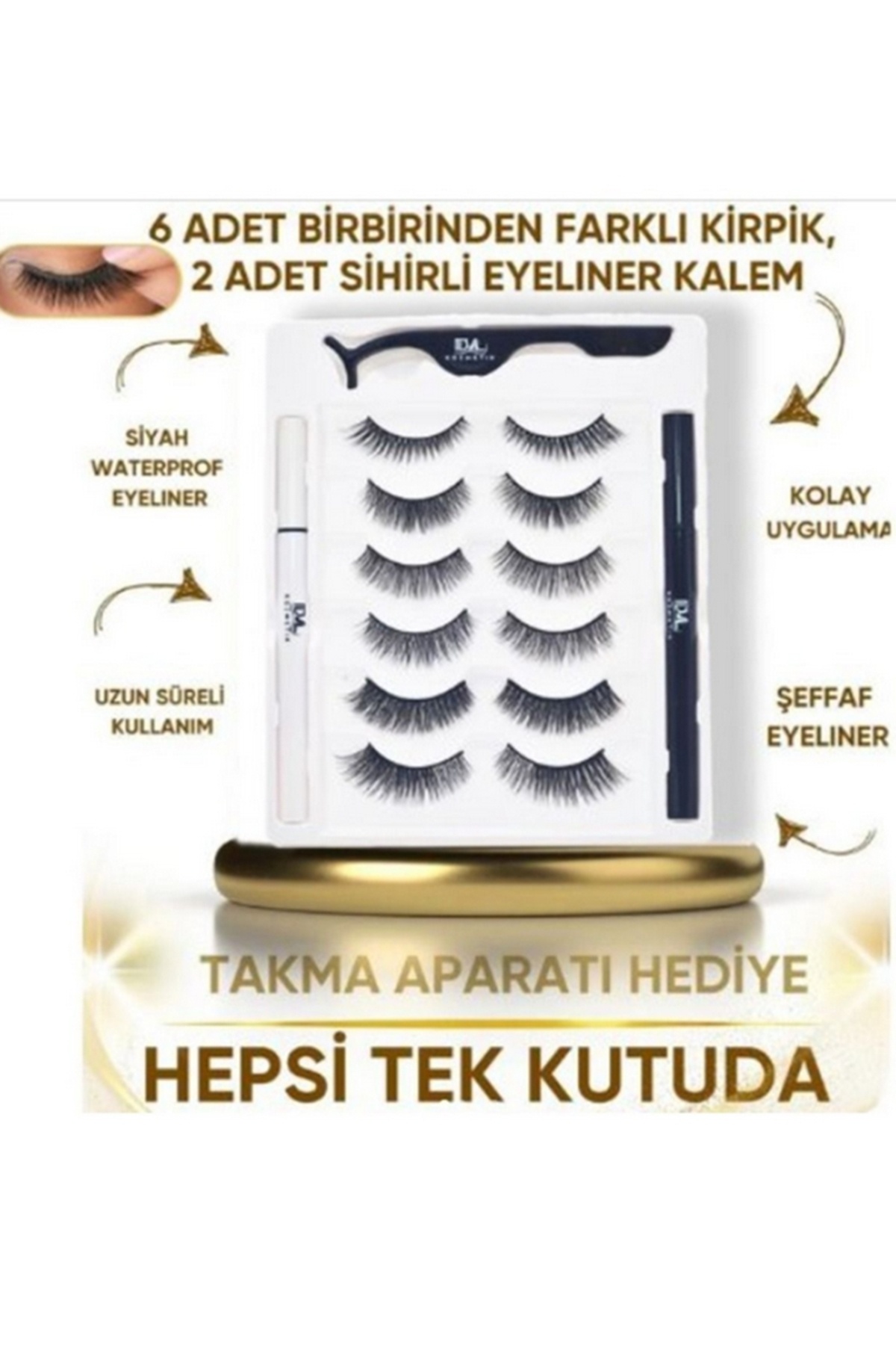 newnet 3D Manyetik 12 ADET Takma kirpik seti 6 Çift + 2 Adet Likit Eyeliner Yapıştırıcı + Kirpik Cımbızı
