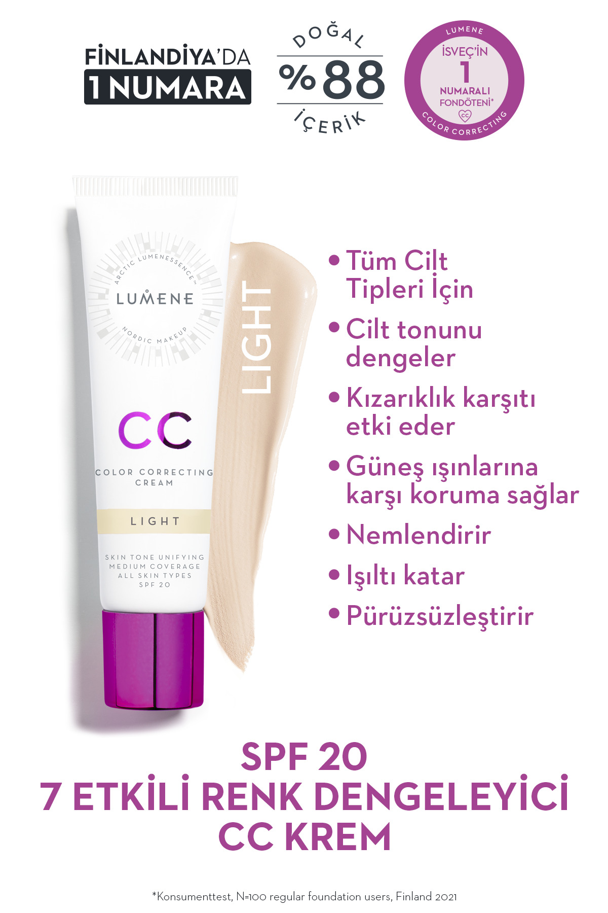 LUMENE SPF 20 Renk Eşitleyici ve Aydınlatıcı CC Krem - Açık (Light) 30 ml