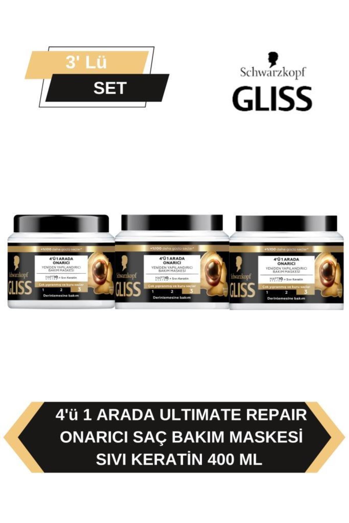 Gliss 4’ü 1 Arada Saç Bakım Maskesi 400 ml x3 | Onarıcı, Yapılandırıcı, Kırık Karşıtı Yoğun Bakım Formülü