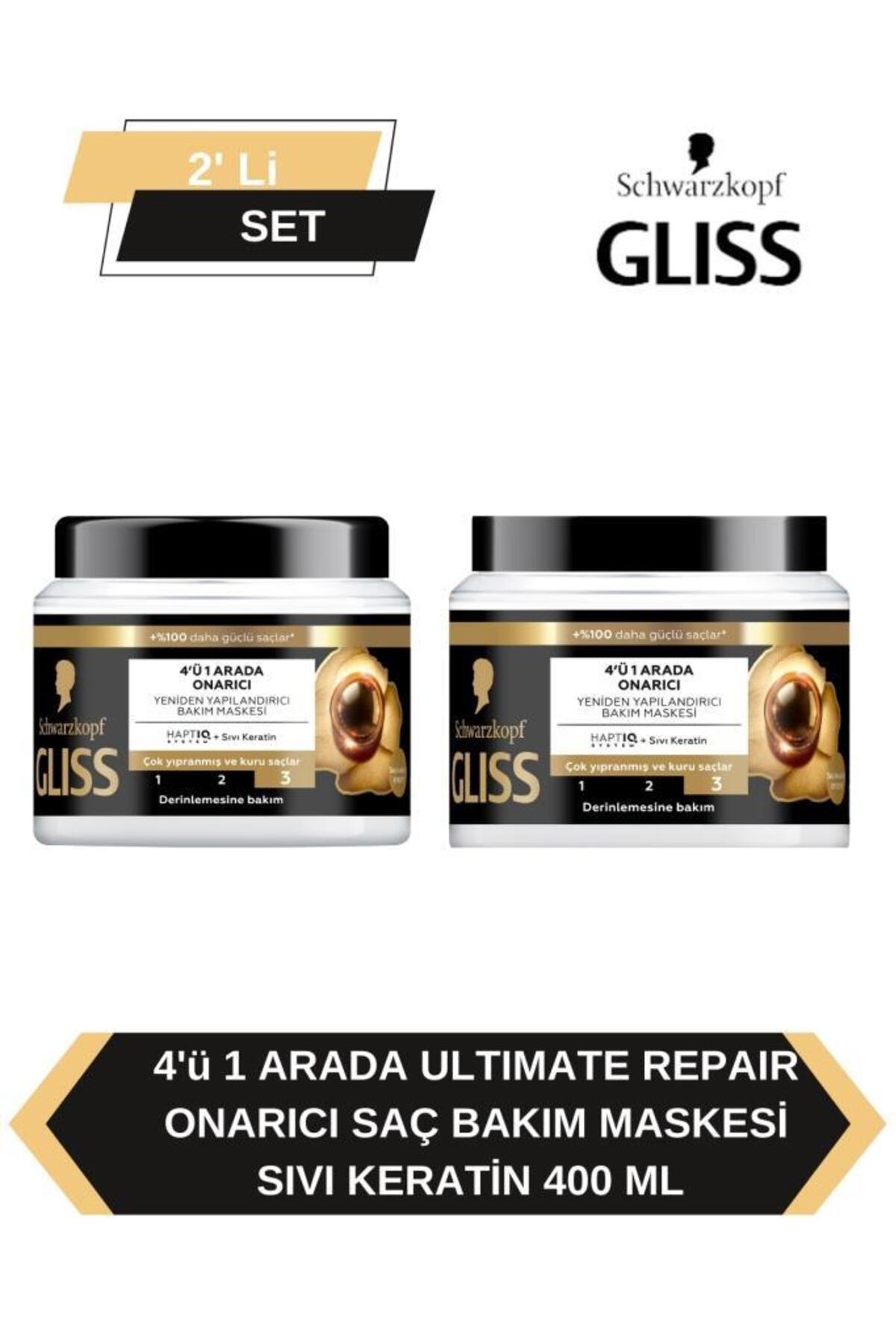 Gliss Onarıcı Saç Bakım Maskesi 400 ml x2 | 4’ü 1 Arada Yapılandırıcı, Yoğun Bakım ve Parlaklık Etkisi