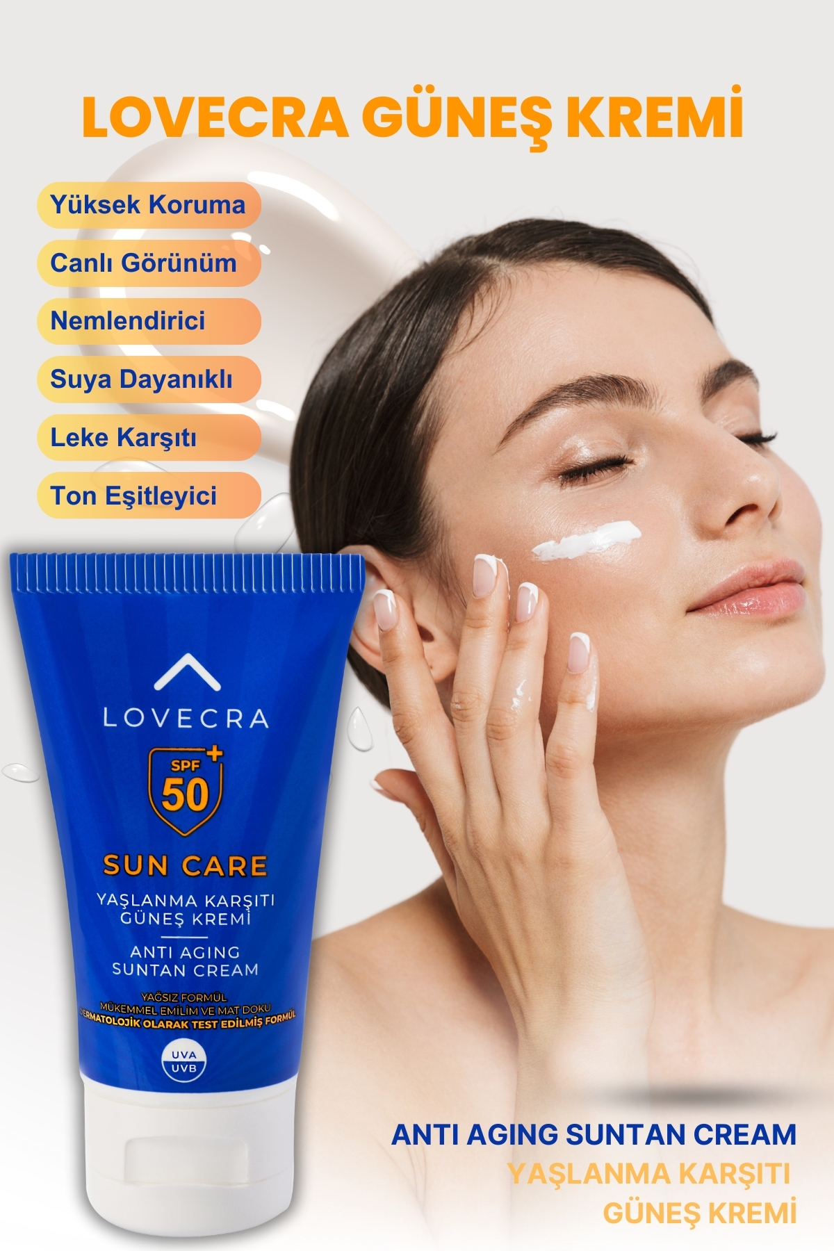 LOVECRA GÜNEŞ KREMİ SPF 50+ Yüksek UVA/UVB Koruma Yağsız Yaşlanma ve Leke Karşıtı Yüz Kremi 50ml