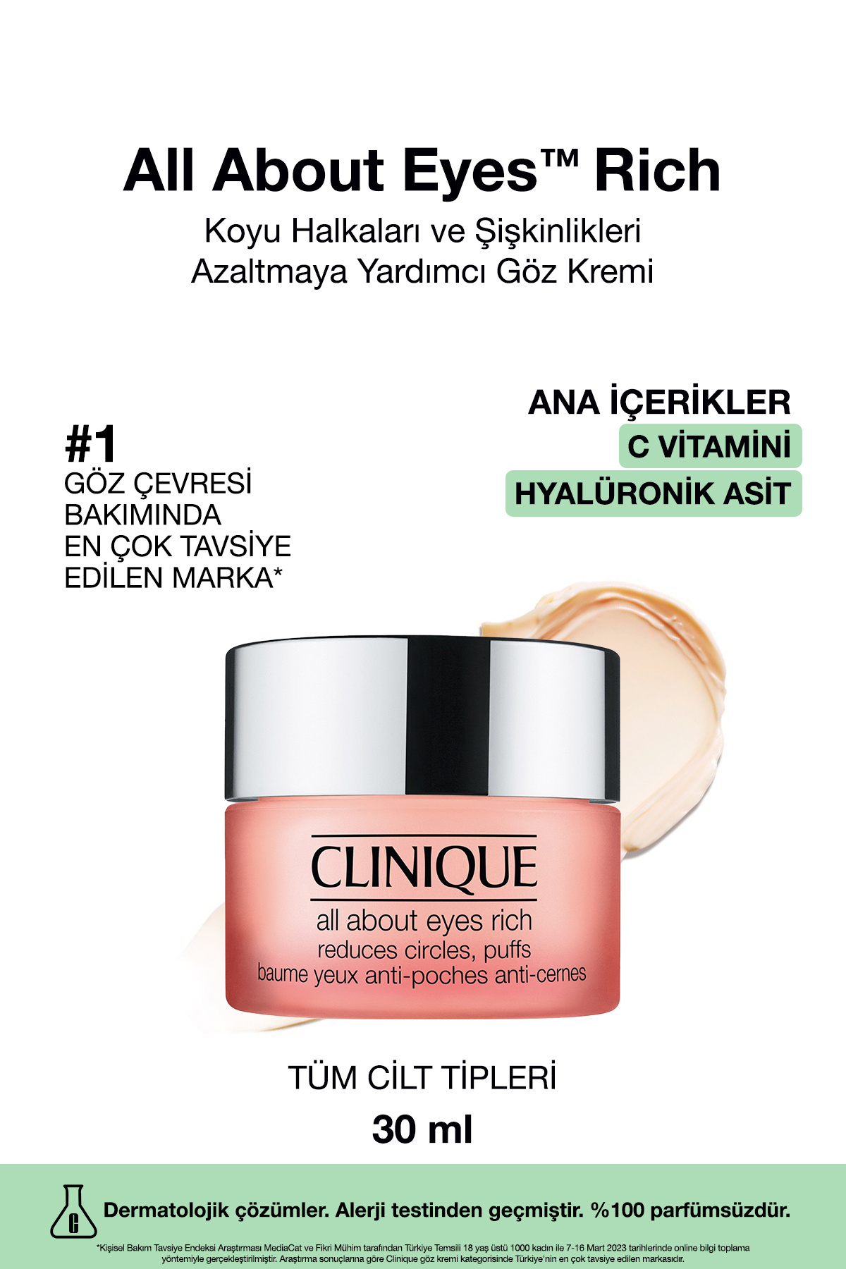 Clinique All About Eyes Rich™ Hyalüronik Asit Ve Kafein Içeren Yoğun Göz Kremi 30ml | Şişkinlik Ve Koyu Halka