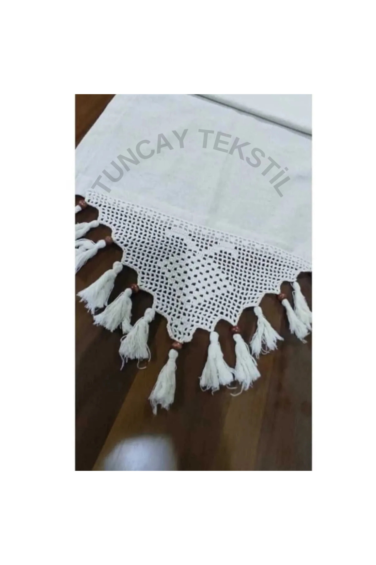 TUNCAY TEKSTİL El Dantelli Püsküllü Runner Ranır Örtü Buldan Işi Keten Sehpa Masa Üstü Örtüsü Şömen