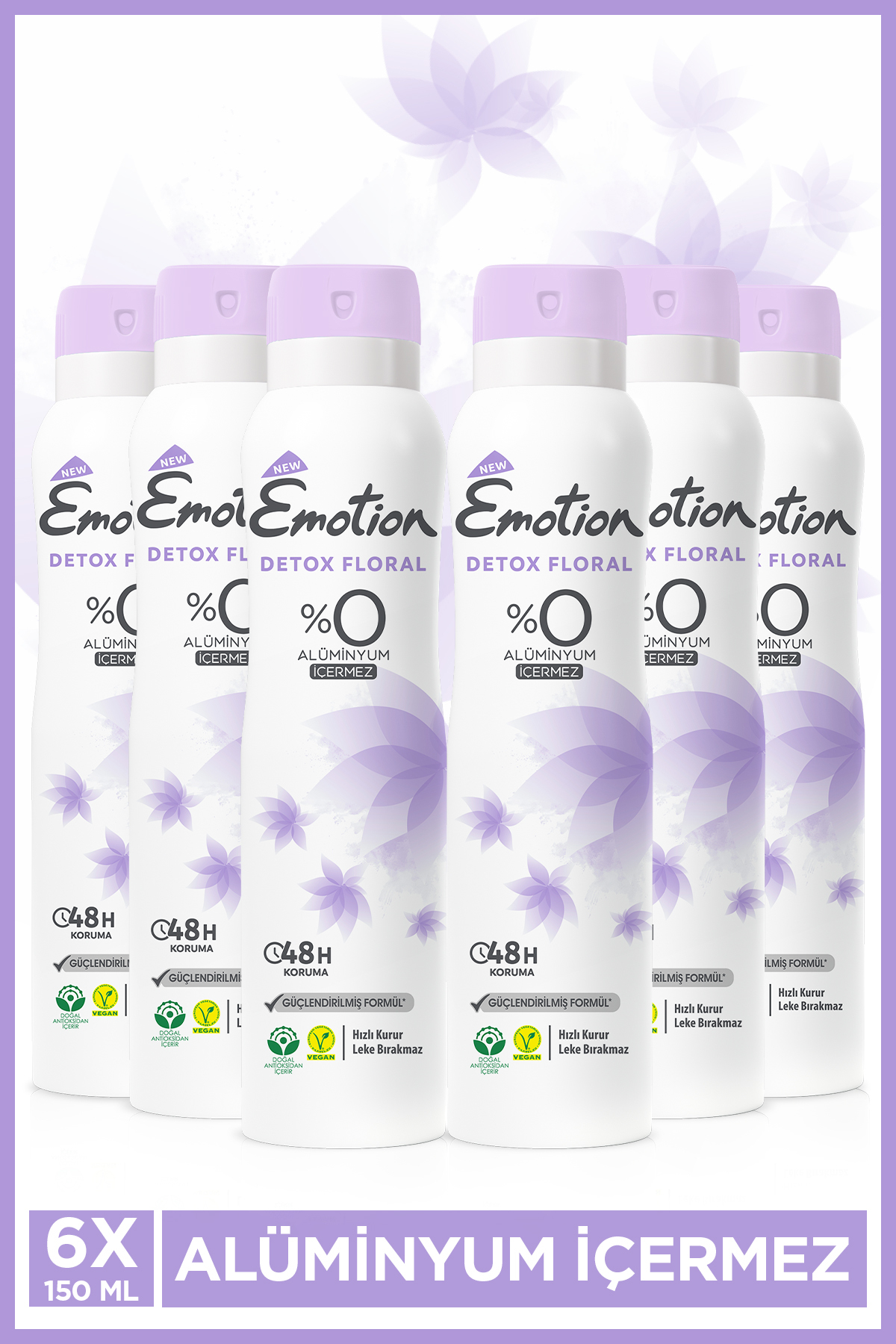 Emotion Detox Floral Kadın Alüminyumsuz Vegan Deodorant 6x150ml Hızlı Kurur, Leke Bırakmaz