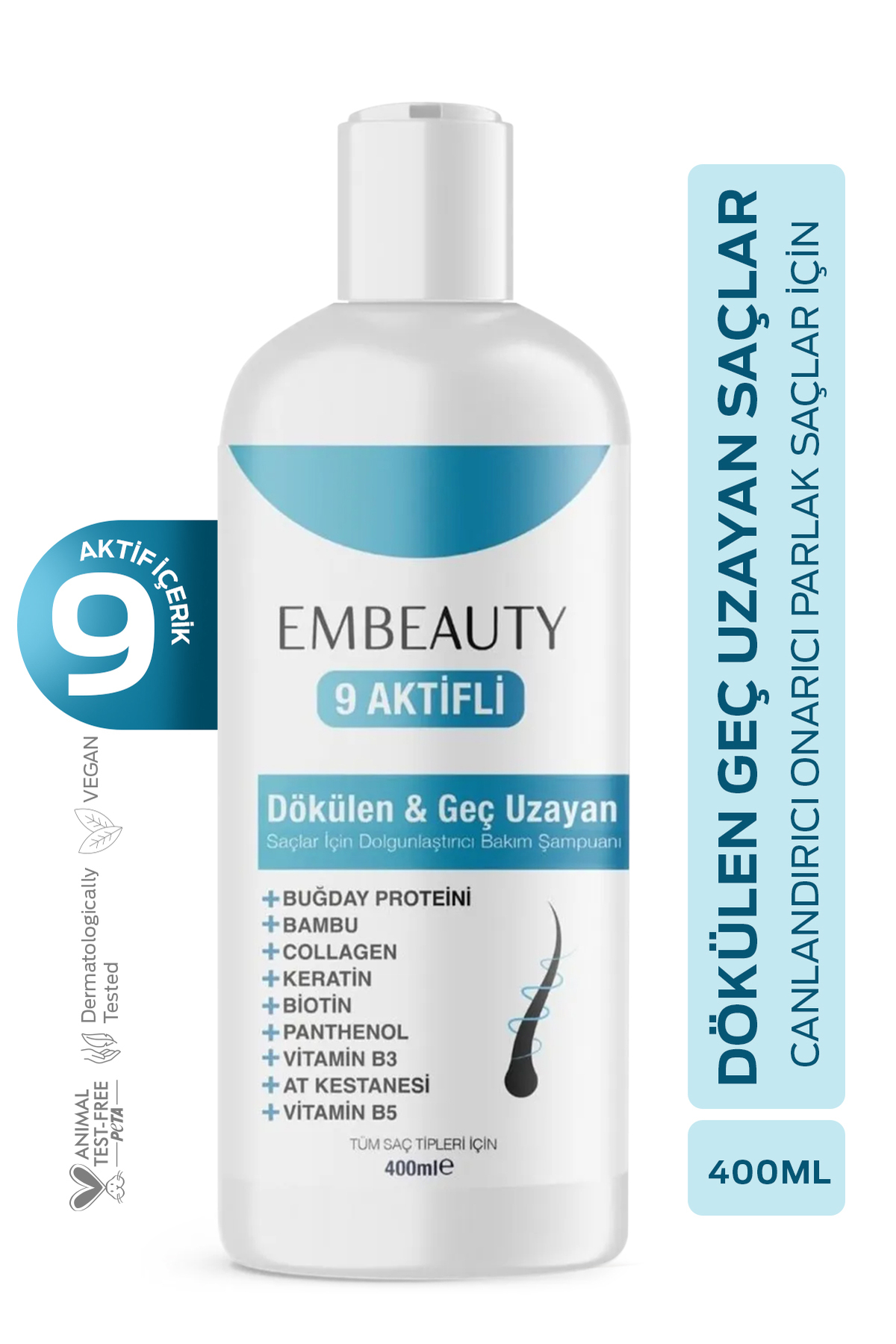 Embeauty 9 Aktifli Saç Dökülmesine Karşı Hızlı Saç Uzatan & Onarıcı Dolgunlaştırıcı Besleyici Şampuan 400 ML