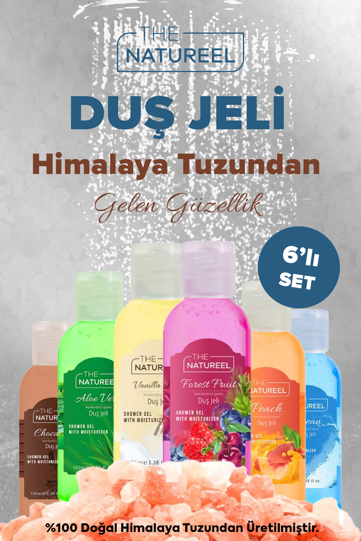 The Natureel Nemlendirici Himalaya Tuzlu Banyo ve Duş Jeli Seti - 6 x 100 ml - Arındırıcı ve Canlandırıcı Etki