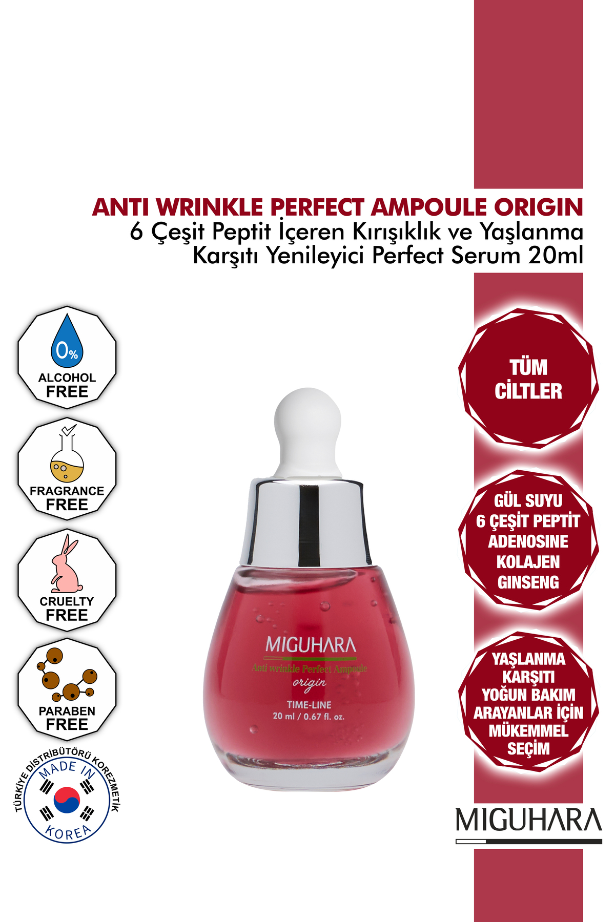 MİGUHARA Miguhara 6 Çeşit Peptit Ve Kolajen İçeren Yaşlanma Ve Kırışıklık Karşıtı Perfect Ampul Serum - 20ml