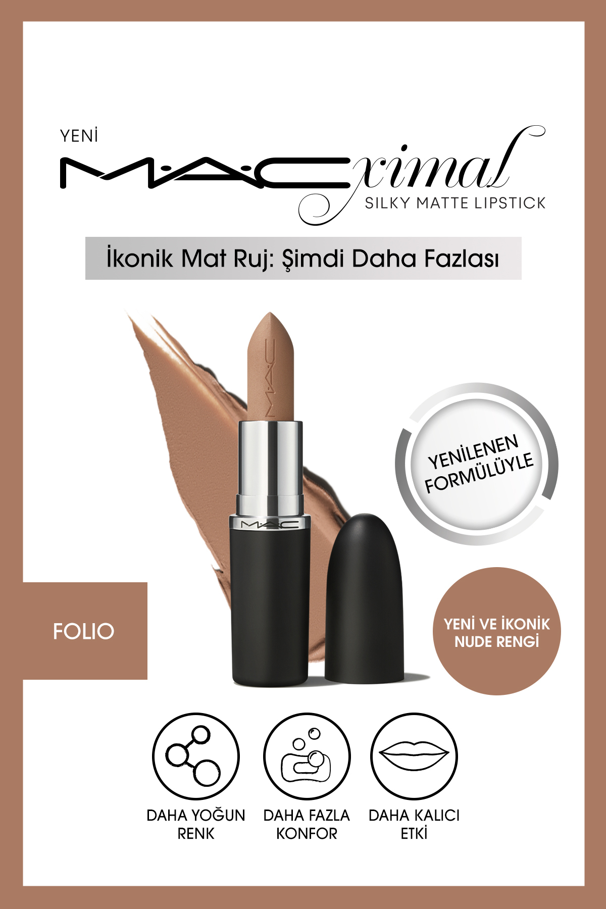 M.A.C Silky Matte Lipstick Nemlendirme Etkili Yoğun Renk Sağlayan Ruj -FOLIO 3.5GM
