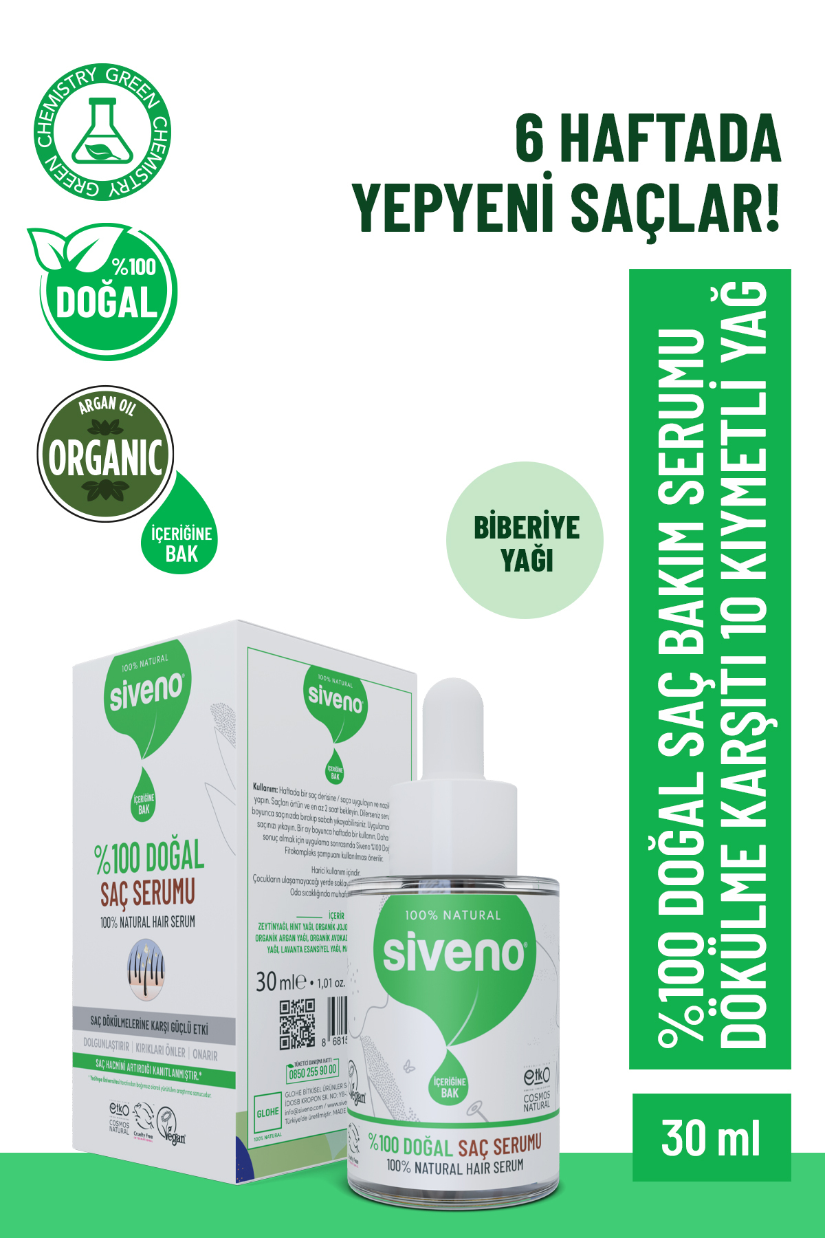 Siveno %100 Doğal Saç Bakım Serumu Biberiye Yağlı Dökülme Karşıtı Onarıcı 10 Mucizevi Yağ 30 ml