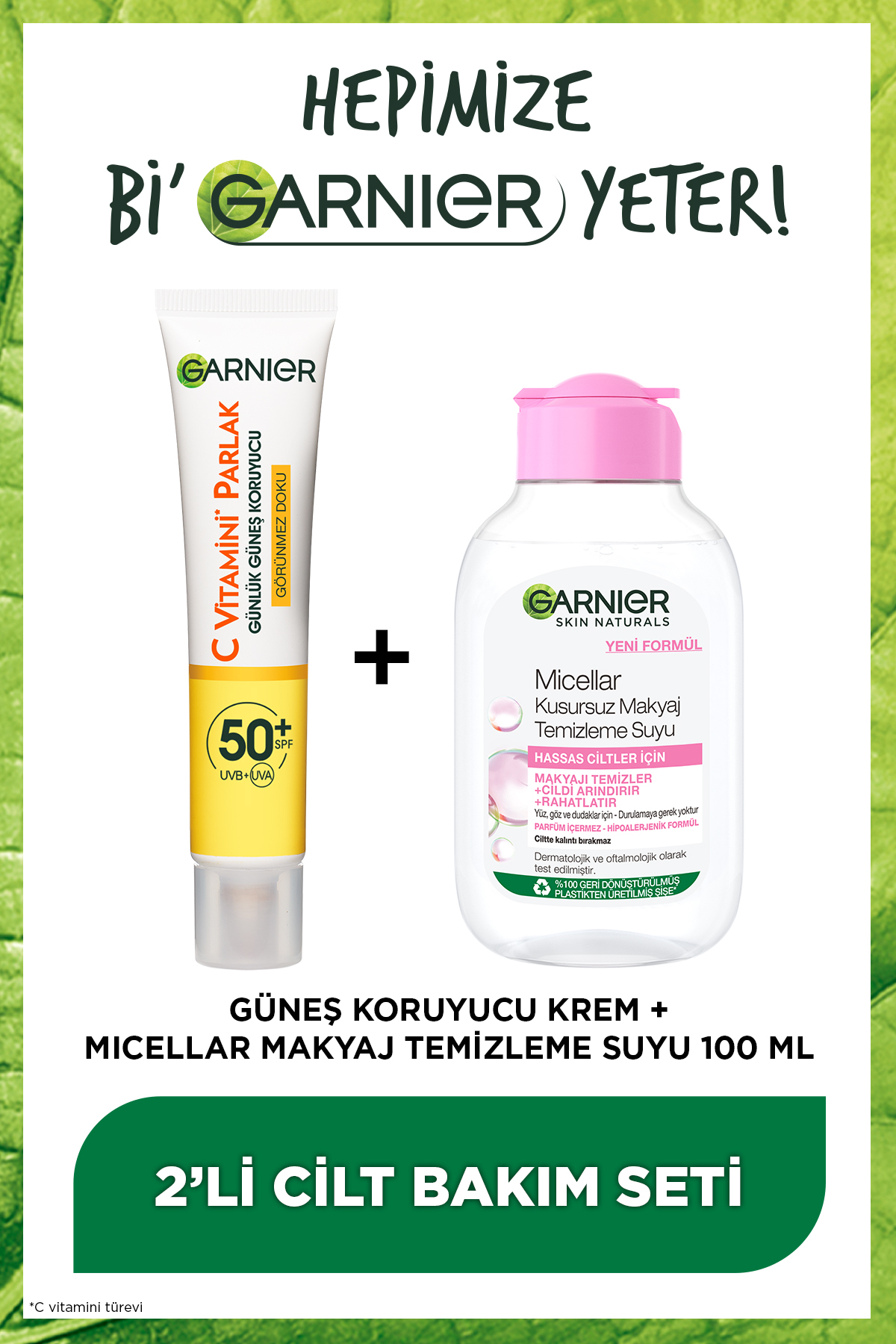 Garnier 100ml Micellar Makyaj Temizleme Suyu + C Vitamini Parlak Yüz Güneş Kremi Görünmez Doku
