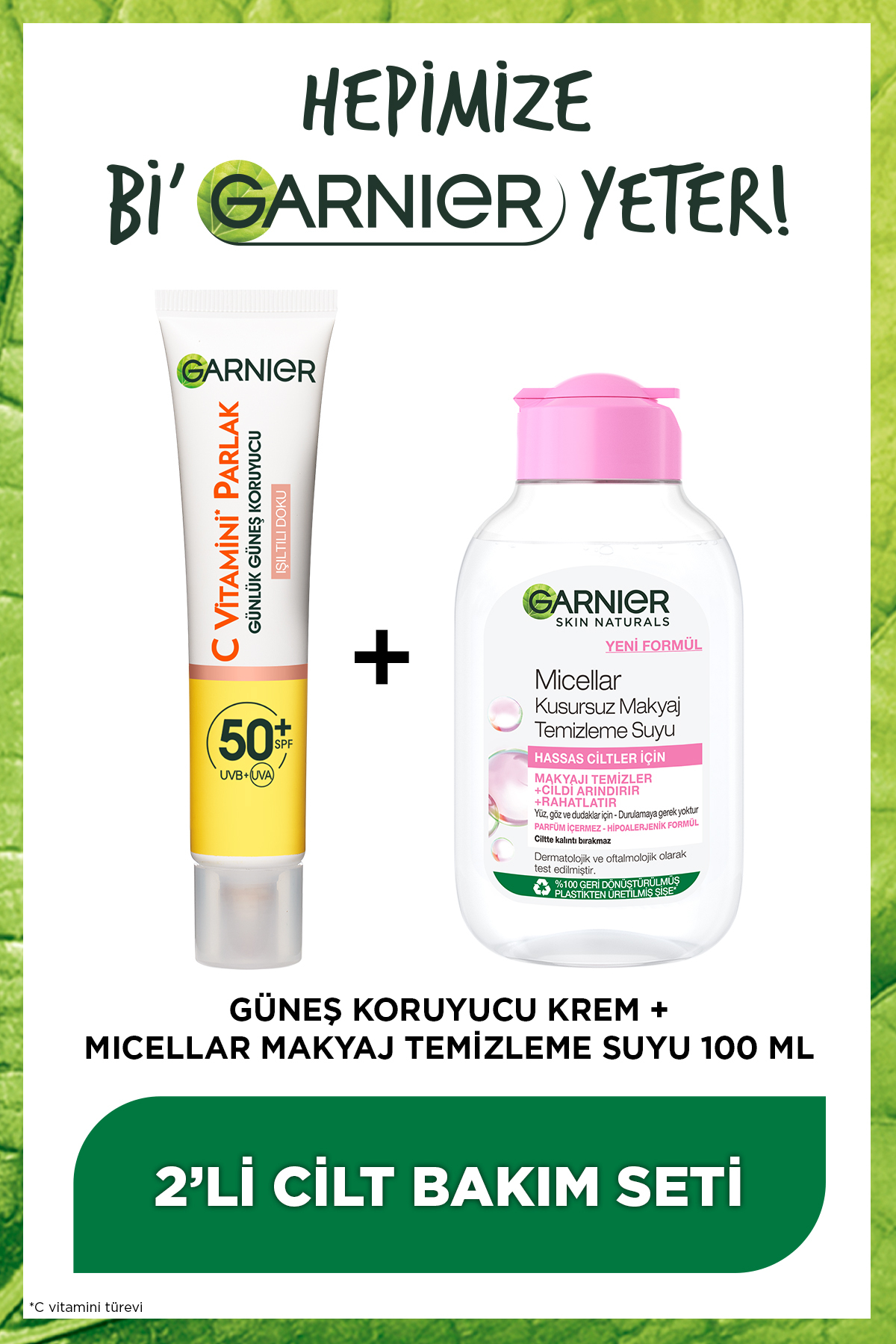 Garnier 100ml Micellar Makyaj Temizleme Suyu + C Vitamini Parlak Yüz Güneş Kremi Işıltılı Doku