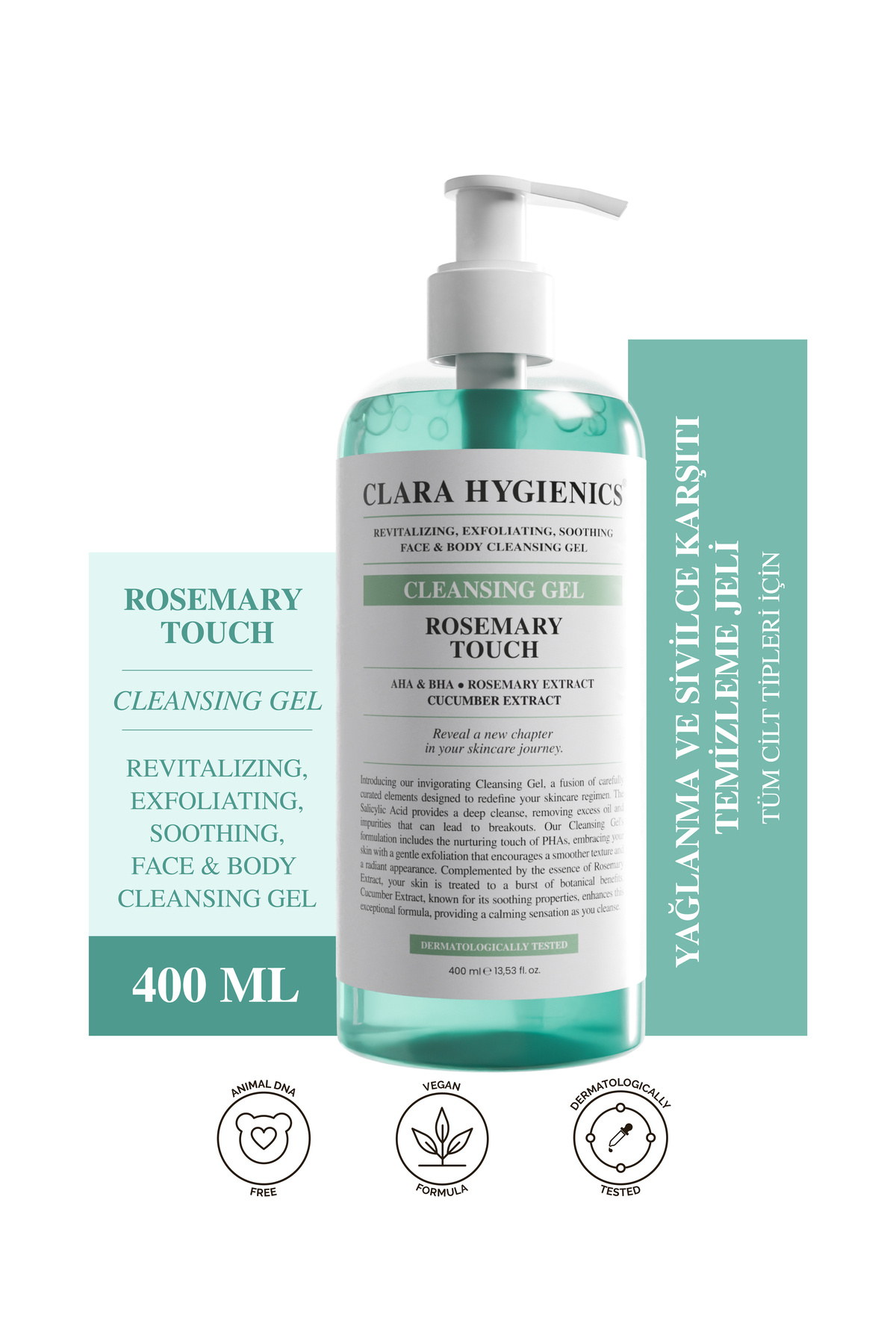 Clara Hygienics Rosemary Touch Temizleme Jeli 400ml - Ölü Hücre Temizleyici Cilt Tonu Eşitleyici Vegan(Yüz ve Vücut)