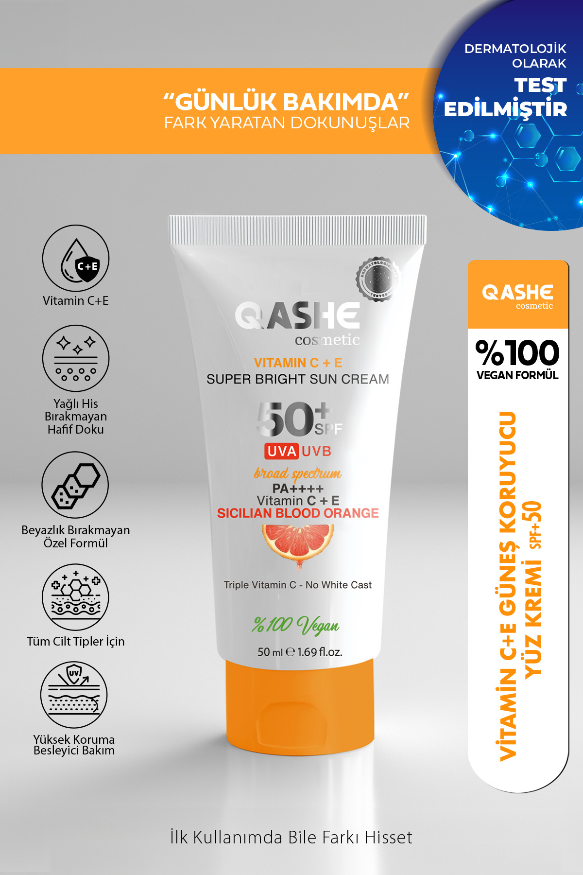 QASHE Cosmetic Vitamin C & E Yüz Güneş Koruyucu Krem Spf 50 – Super Bright & Sicilya Kan Portakallı 50ml