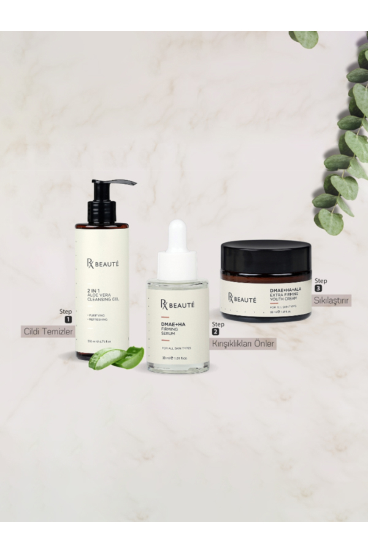 RX Beaute DMAE HA Firming Serum & Lifting Etkili Gece Kremi & Yüz Yıkama Jeli Aloe Vera