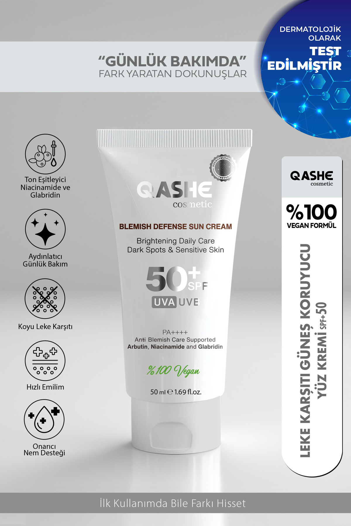 QASHE Cosmetic Leke Karşıtı Yüz Güneş Koruyucu Krem Spf 50 – Blemish Defense Arbutin & Niacinamide 50ml