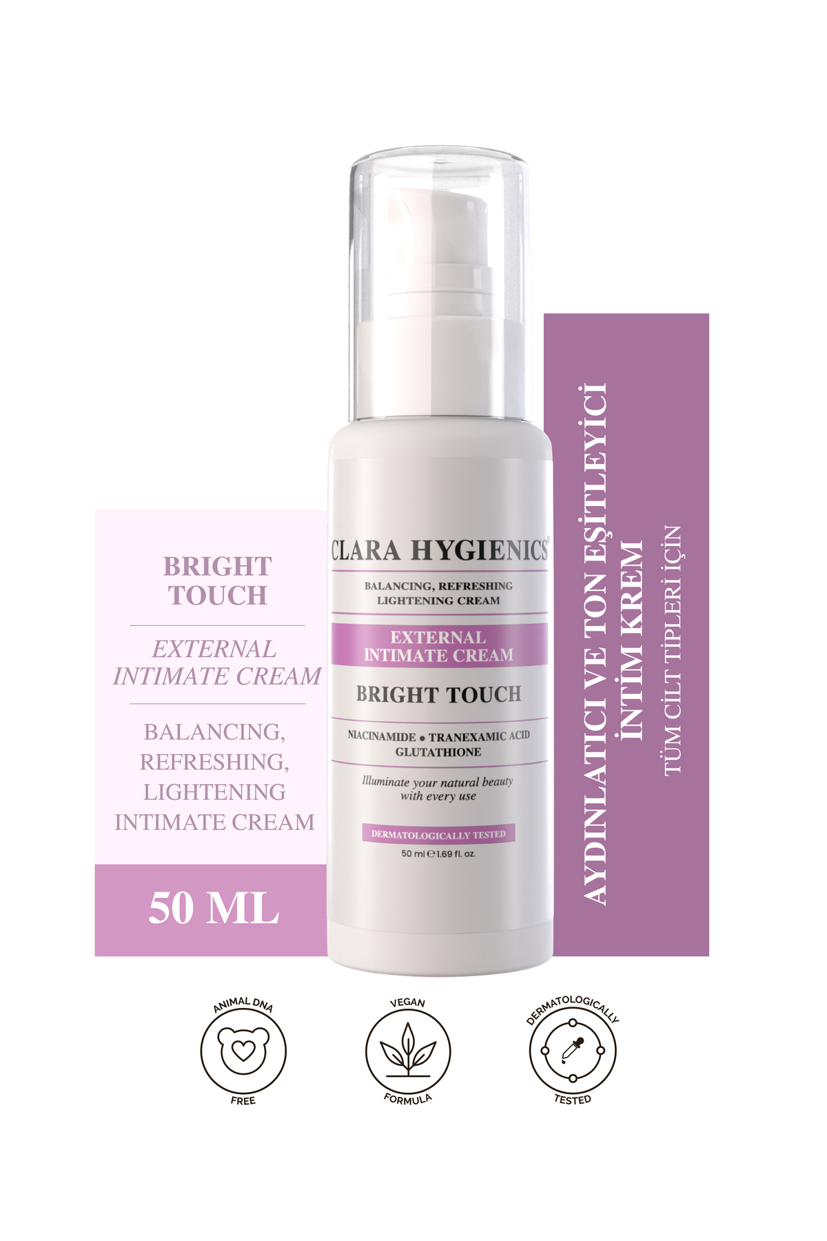 Clara Hygienics Bright Touch Intim Beyazlatıcı Krem 50ml – Genital Bölge, Koltuk Altı Ton Eşitleyici Vegan (Ph 4.7)