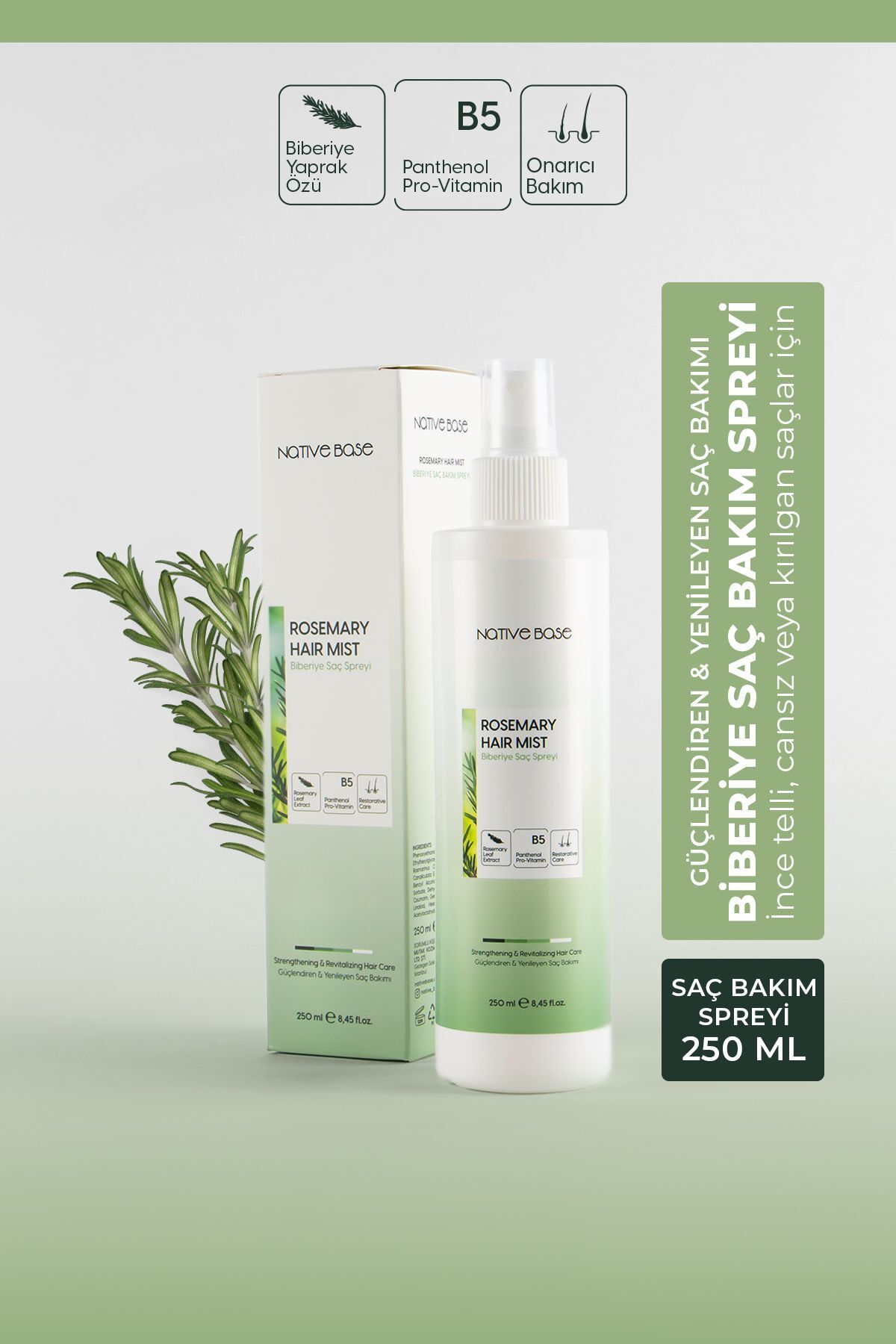 Native Base Biberiye Suyu Spreyi 250 ml Dökülme Karşıtı ve Saç Uzamasını Destekler, Derinlemesine Bakım