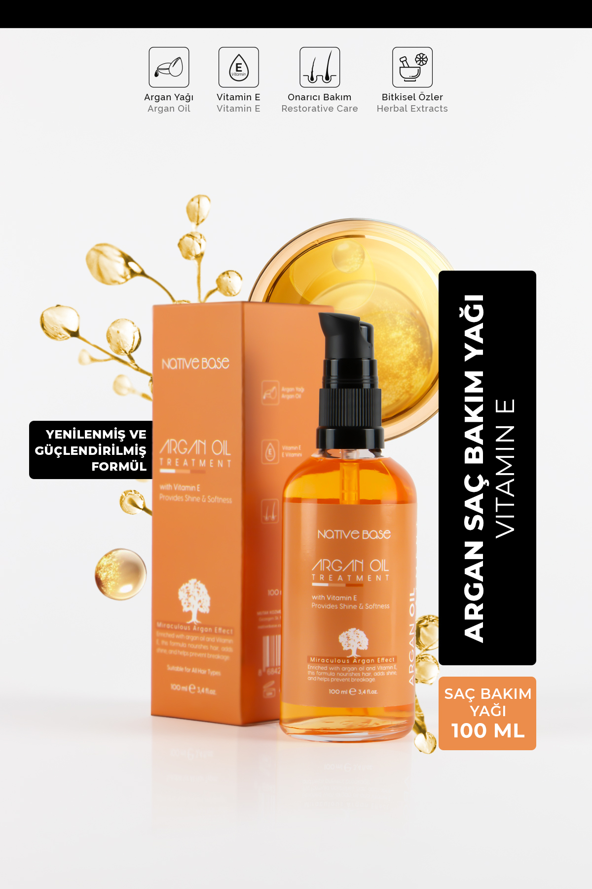 Native Base Argan Yağı 100 ml Saçı Besler ve Nemlendirir Kırılmayı Azaltır Parlak ve Yumuşak Saç