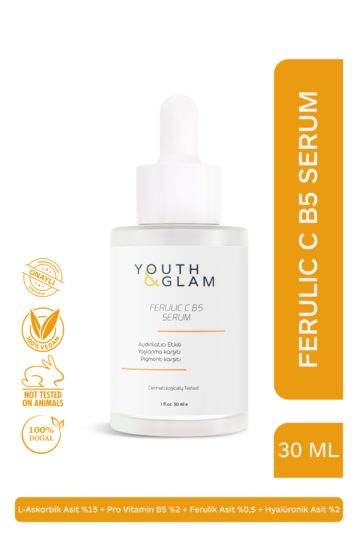 YOUTH&GLAM 15% Saf C Vitamin Serum - Aydınlatıcı Etkili Ve Cilt Tonu Eşitleyici