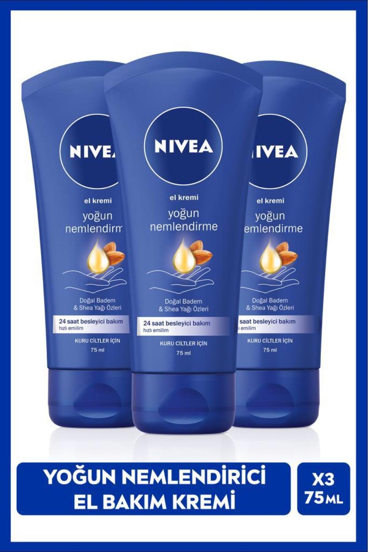 NIVEA Yoğun Nemlendirici ve Besleyici El Bakım Kremi 75ml, Doğal Badem, Shea Yağı Özü, Kuru Cilt, X3 Adet