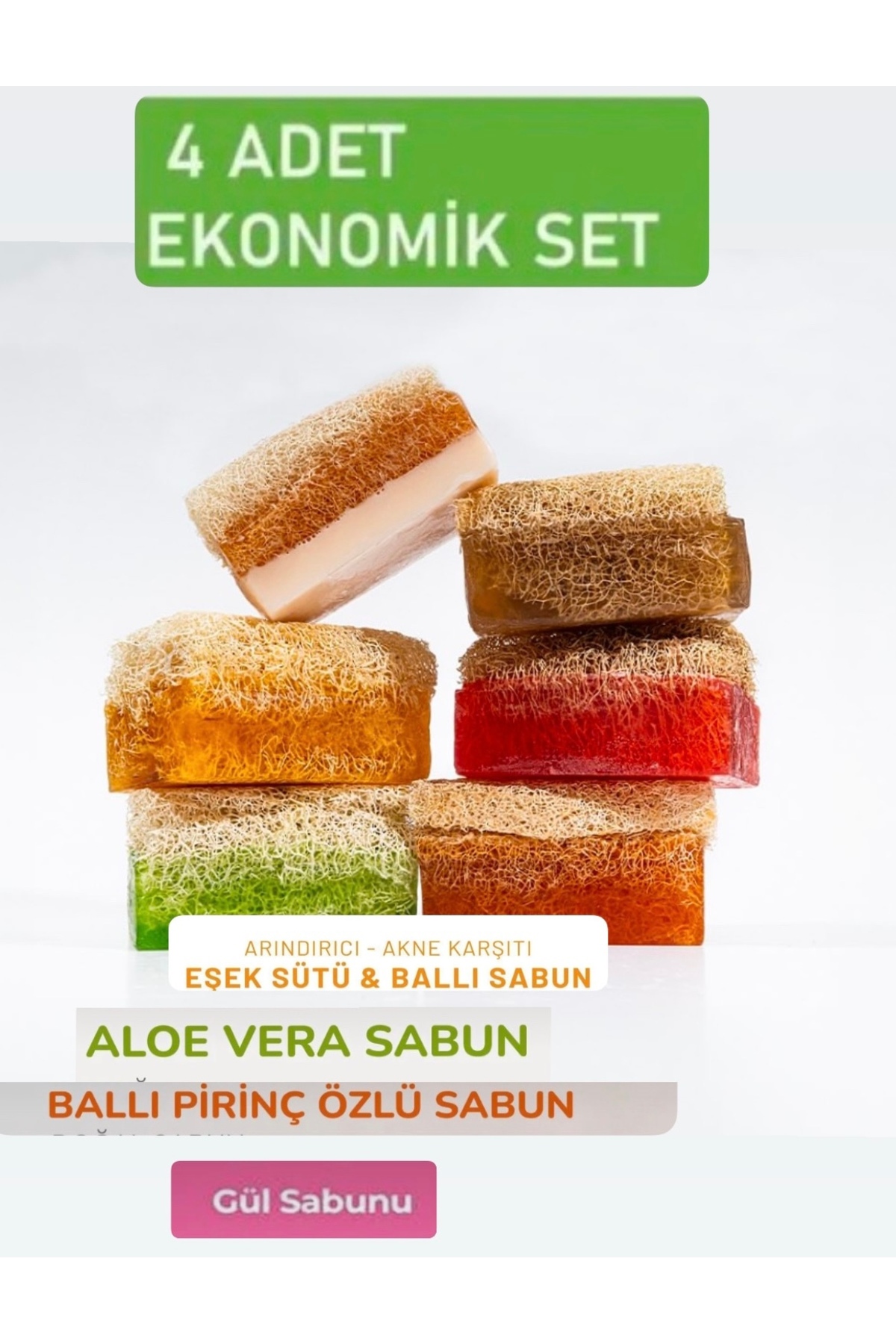 TP 4’lü Set ( Pirinç Özlü Sabun /aloevera Sabun/ /eşek Sütü /gül Sabun