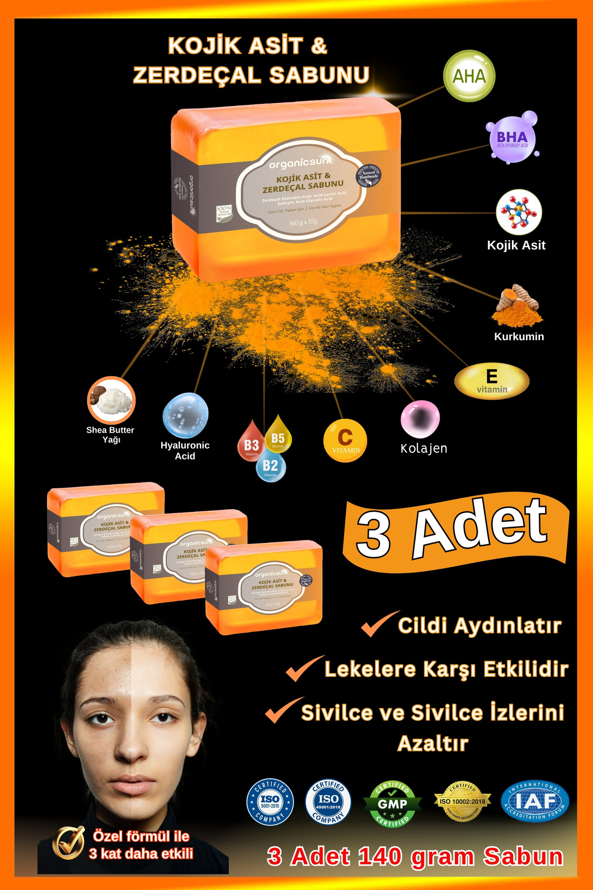 Organicsun Kojik Asit & Zerdeçal Sabunu 3 Adet X 140 gr Leke Ve Karşıtı Kojic Acid - Kolajen - Aha Bha