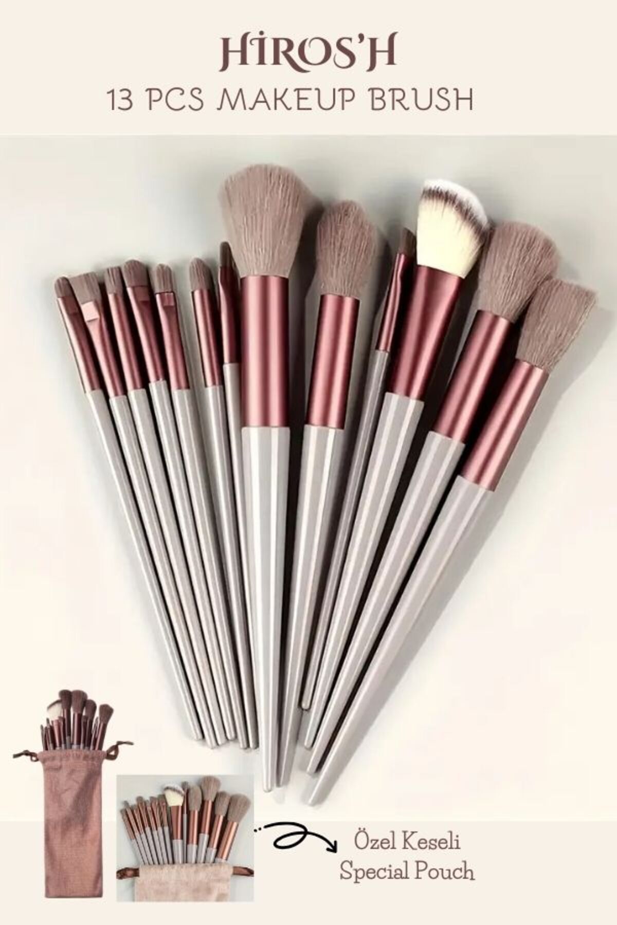 HİROS'H Özel Keseli 13'lü Fix Fırça Seti Keseli Makyaj Fırçası