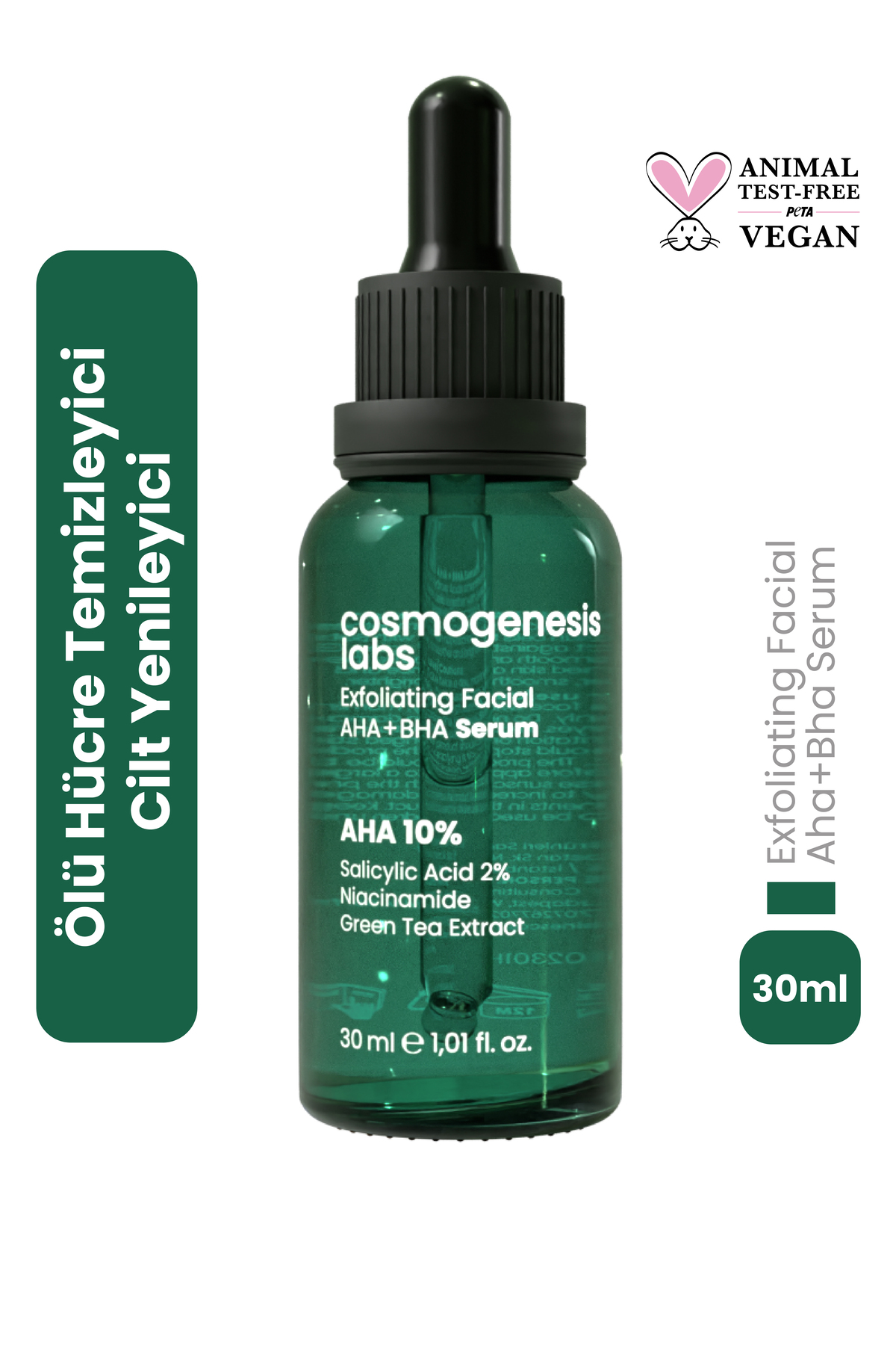 Cosmogenesis Labs Aha %10 Bha %2 Peeling Etkili Serum 30ml - Cilt Yenileyici Ölü Hücre Temizleyici Yeşil Çay Vegan