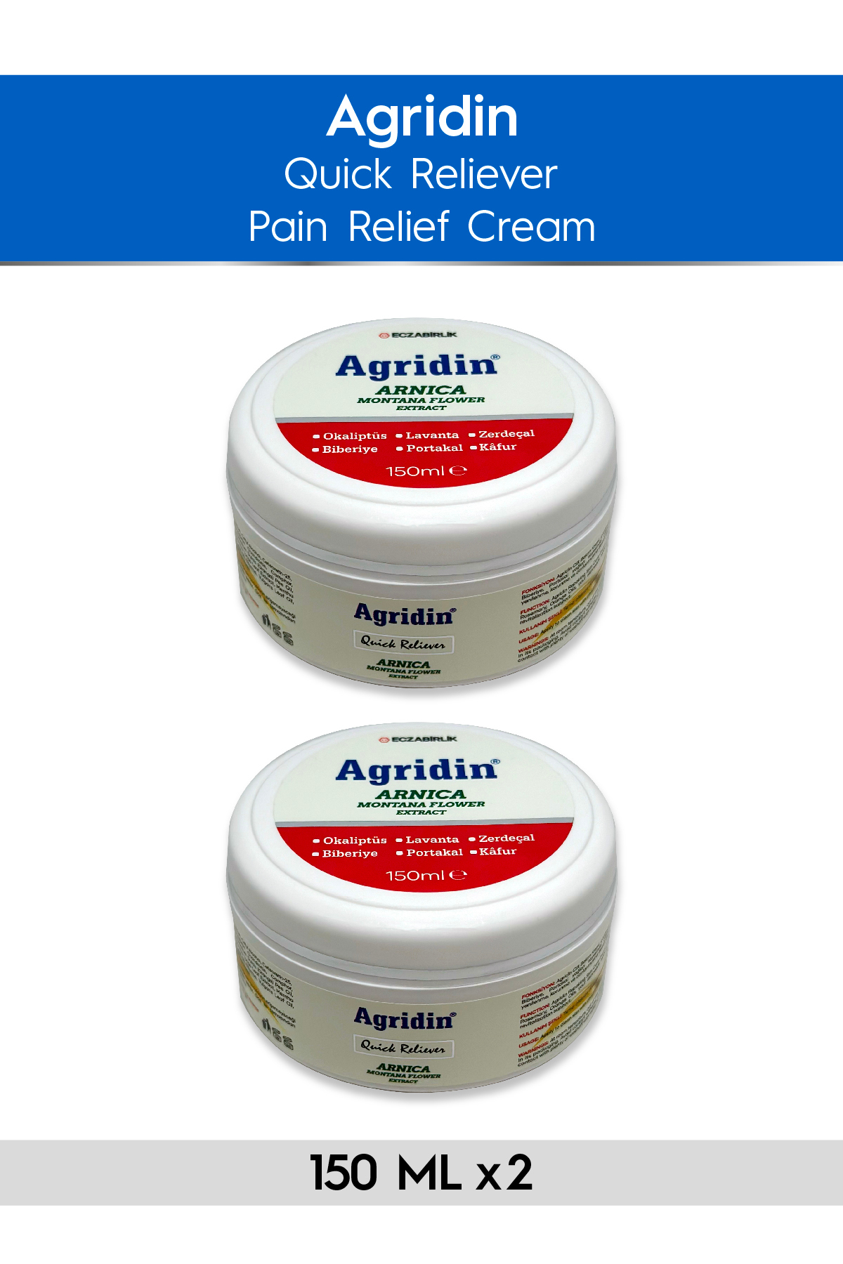 Agridin Ağrı Giderici Eklem Ve Kas Sağlığı Destek Kremi Arnica Montana Extractlı 2x150 ml (2 ADET)