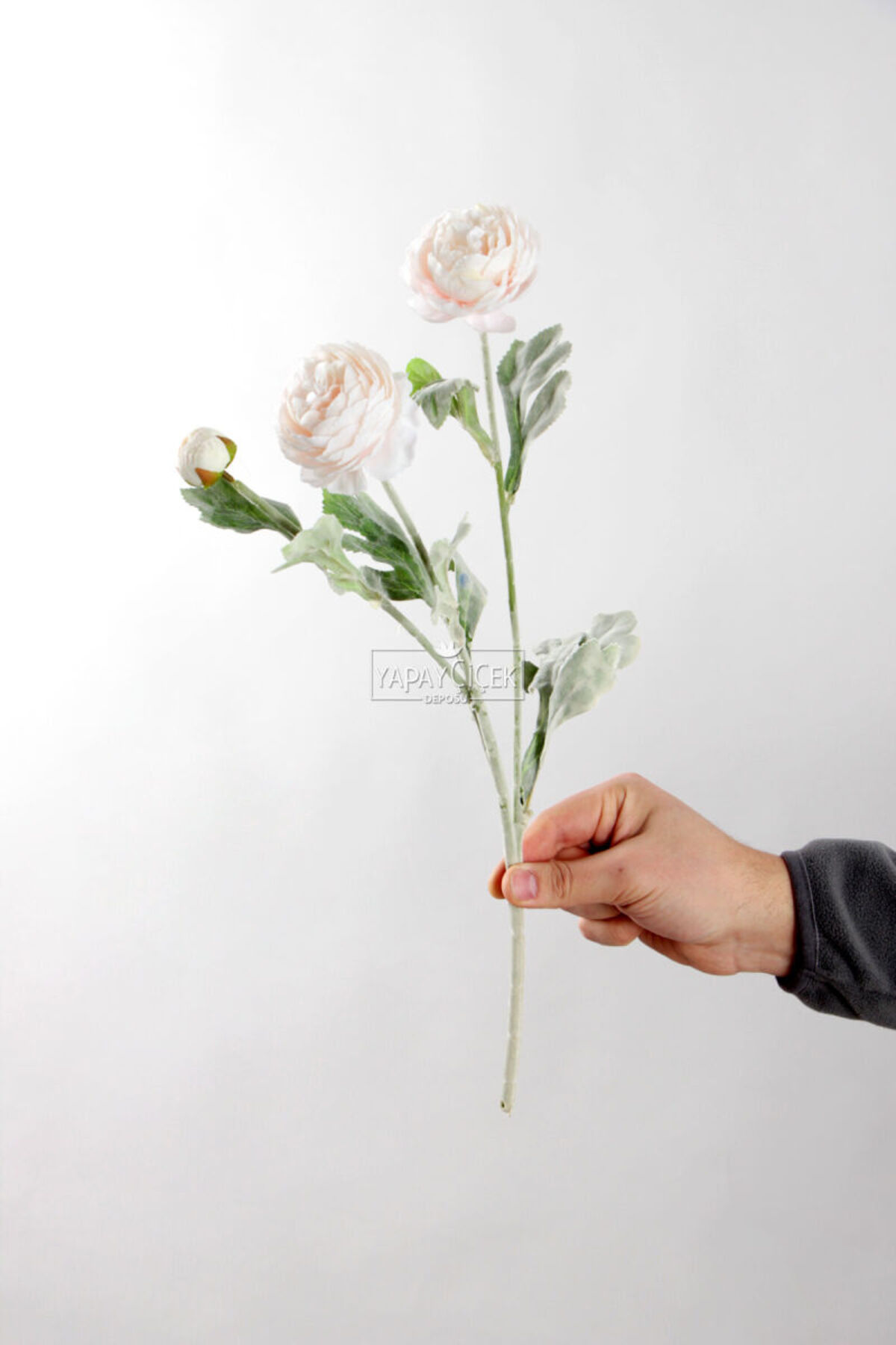Yapay Çiçek Deposu Yapay Çiçek 3lü Şakayık Ranunculus Dalı 50 cm Pudra