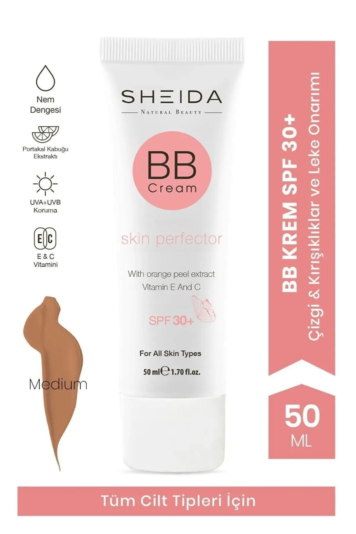Sheida Bb Cream Medium (ORTA RENK) Spf 30, Mükemmel Kapatıcılık