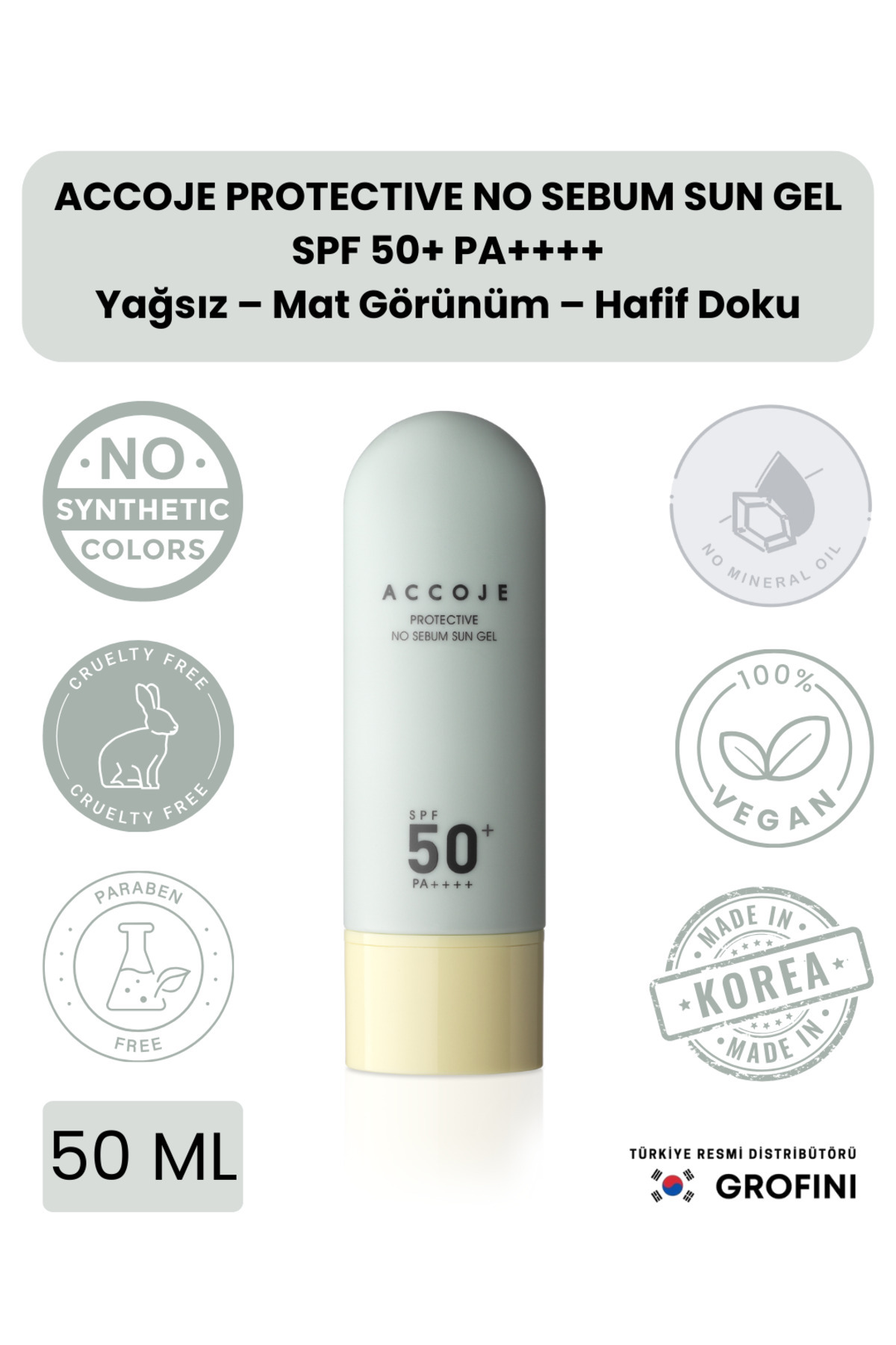 ACCOJE Sebumsuz, Yağ Kontrolü, Yüksek Güneş Koruması, No Sebum, Kore'den Ithal