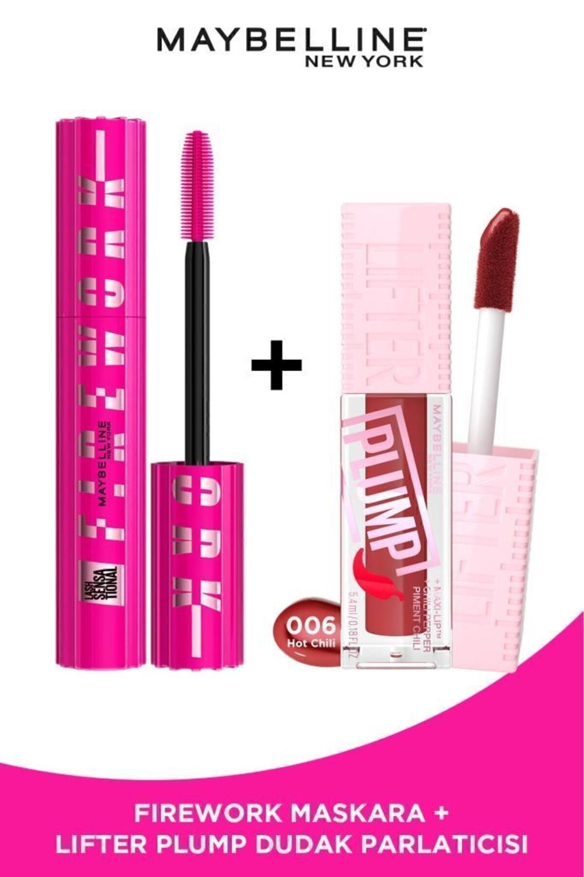 Maybelline New York Lash Sensational Firework Maskara & Lifter Plump Dudak Parlatıcısı- 006 Hot Chili Makyaj Seti