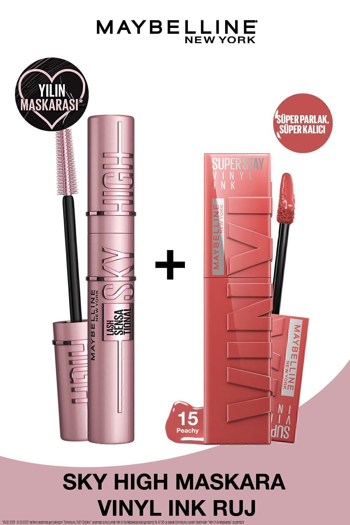 Maybelline New York Lash Sensational Sky High Maskara & Super Stay Vinyl Ink Uzun Süre Kalıcı Likit Parlak Ruj 15 Peachy