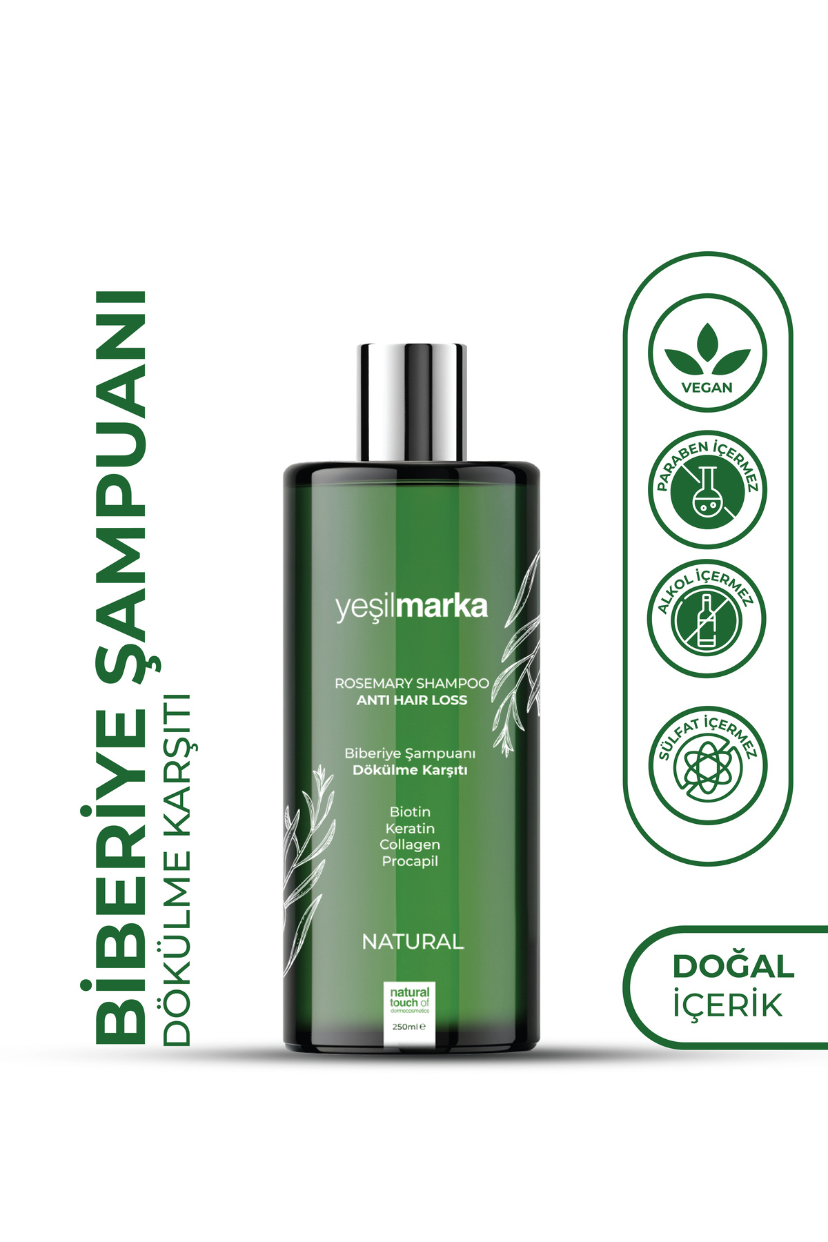 yeşilmarka Doğal Biberiye Şampuanı - Dökülme Karşıtı Biotin, Keratin ve Kolajen ile Güçlendirici Etki 250 ml