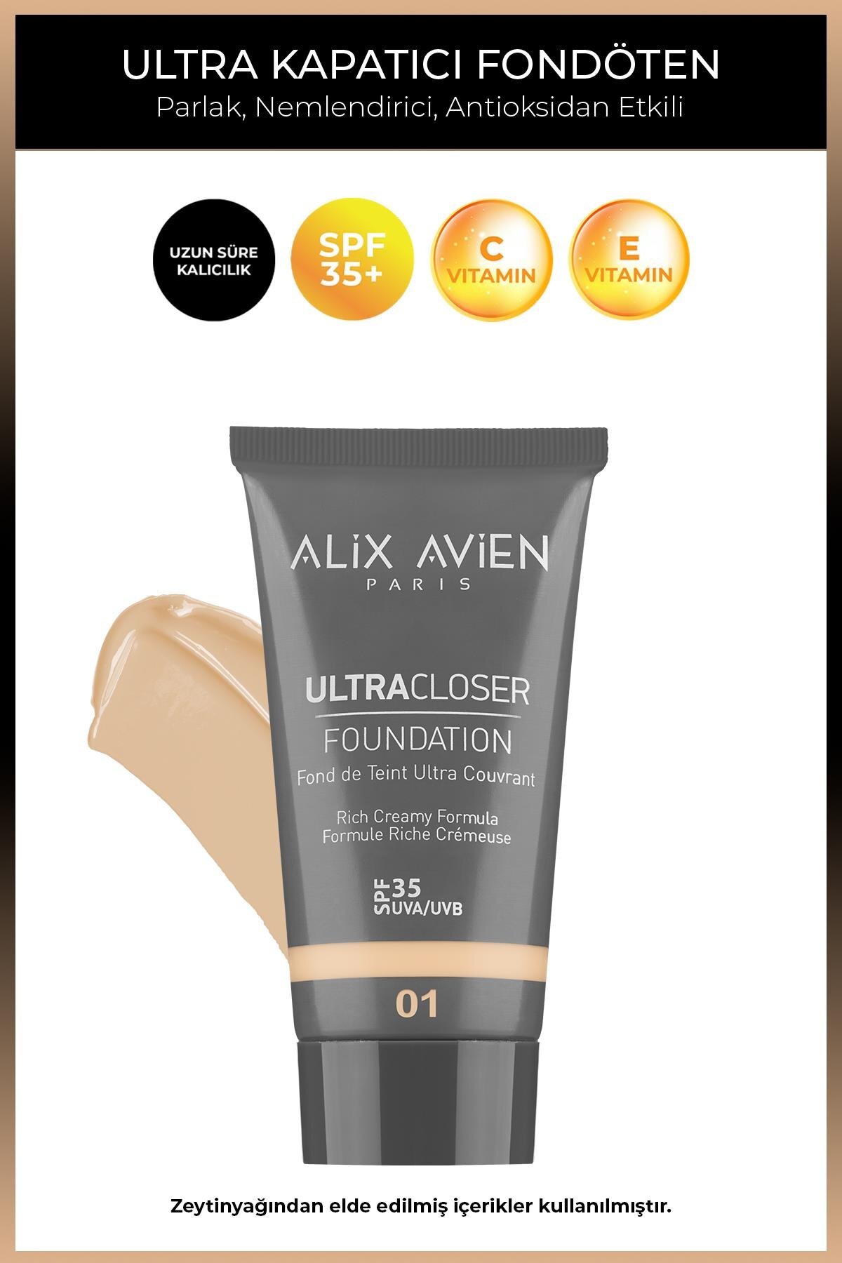 Alix Avien Ultra Kapatıcı Nemlendirici SPF35+ Faktör ve E & C Vitaminli Fondöten - Ultracloser Foundation 01