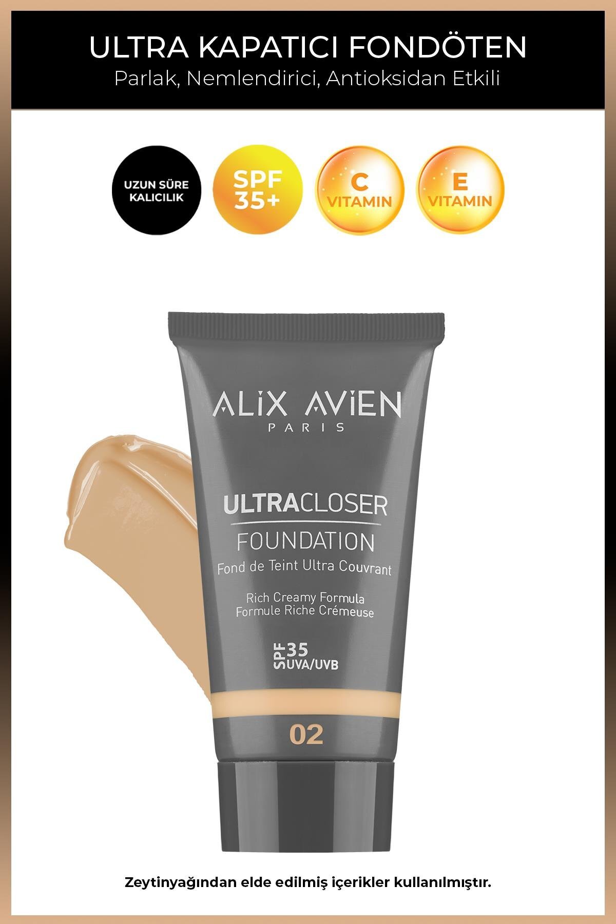 Alix Avien Ultra Kapatıcı Nemlendirici SPF35+ Faktör ve E & C Vitaminli Fondöten - Ultracloser Foundation 02