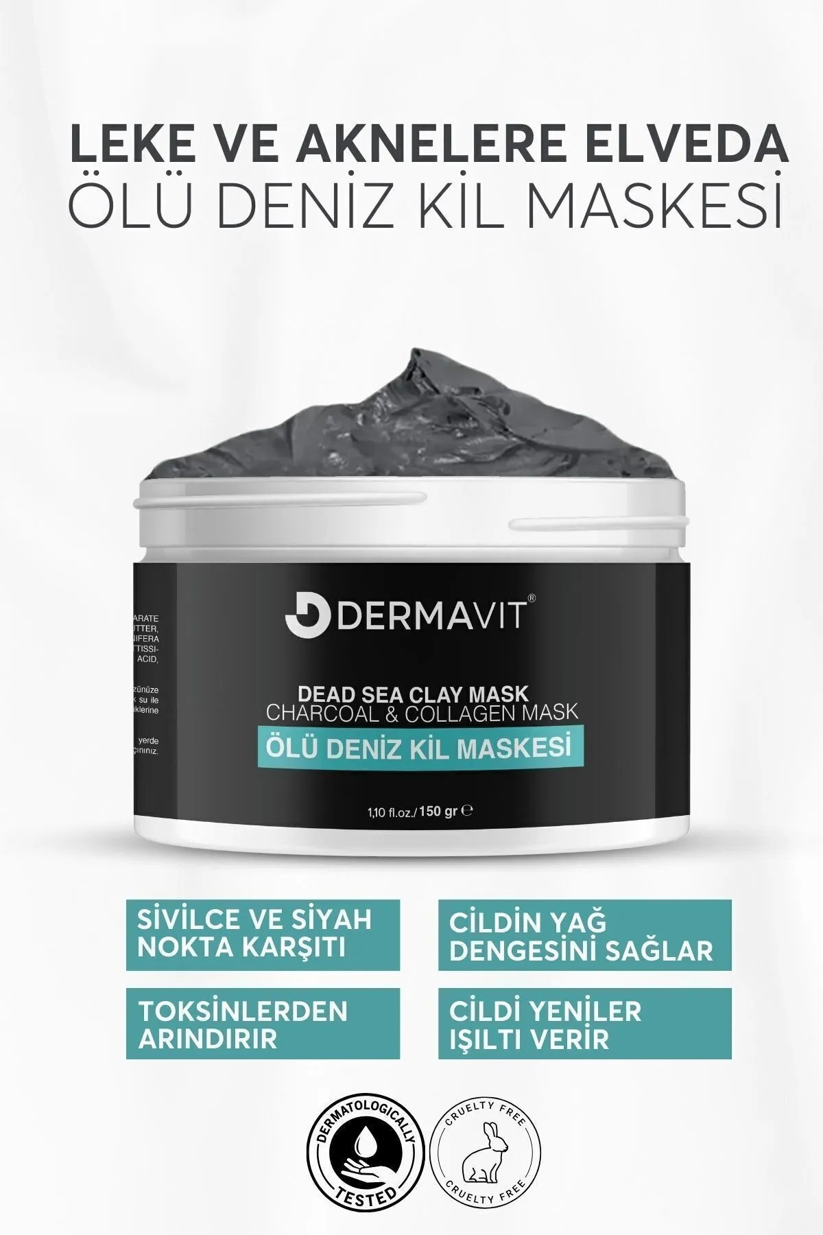 Dermavit Ölü Deniz Kil Maskesi Kolajen Siyah Nokta Karşıtı Ölü Deriden Arındırır Yüze Canlılık Sağlar 150g