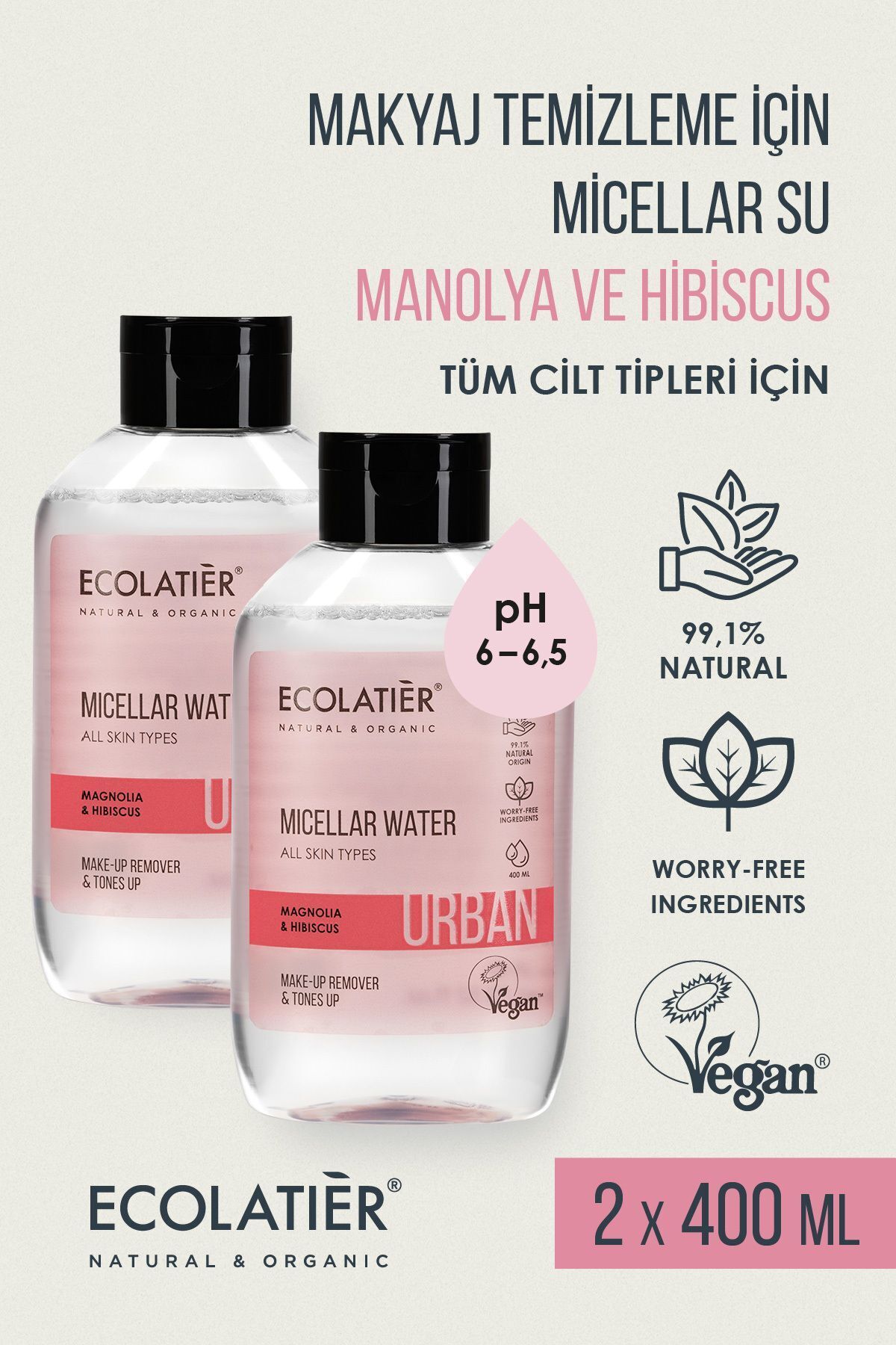 ECOLATIER Makyaj Temizleme Micellar Suyu Nemlendirici Tüm Ciltler Için Avantajlı 2'li Set