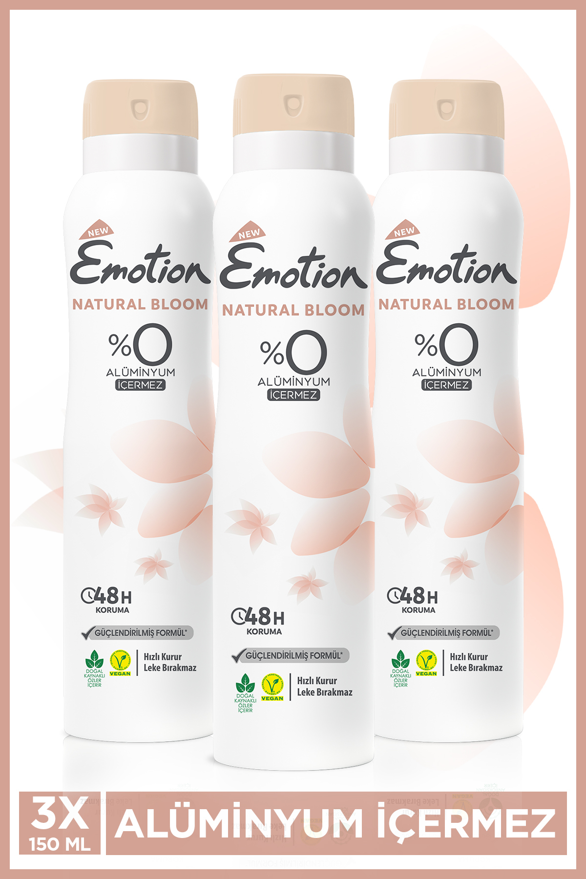 Emotion Natural Bloom Kadın Alüminyumsuz Vegan Deodorant 3x150ml Hızlı Kurur, Leke Bırakmaz