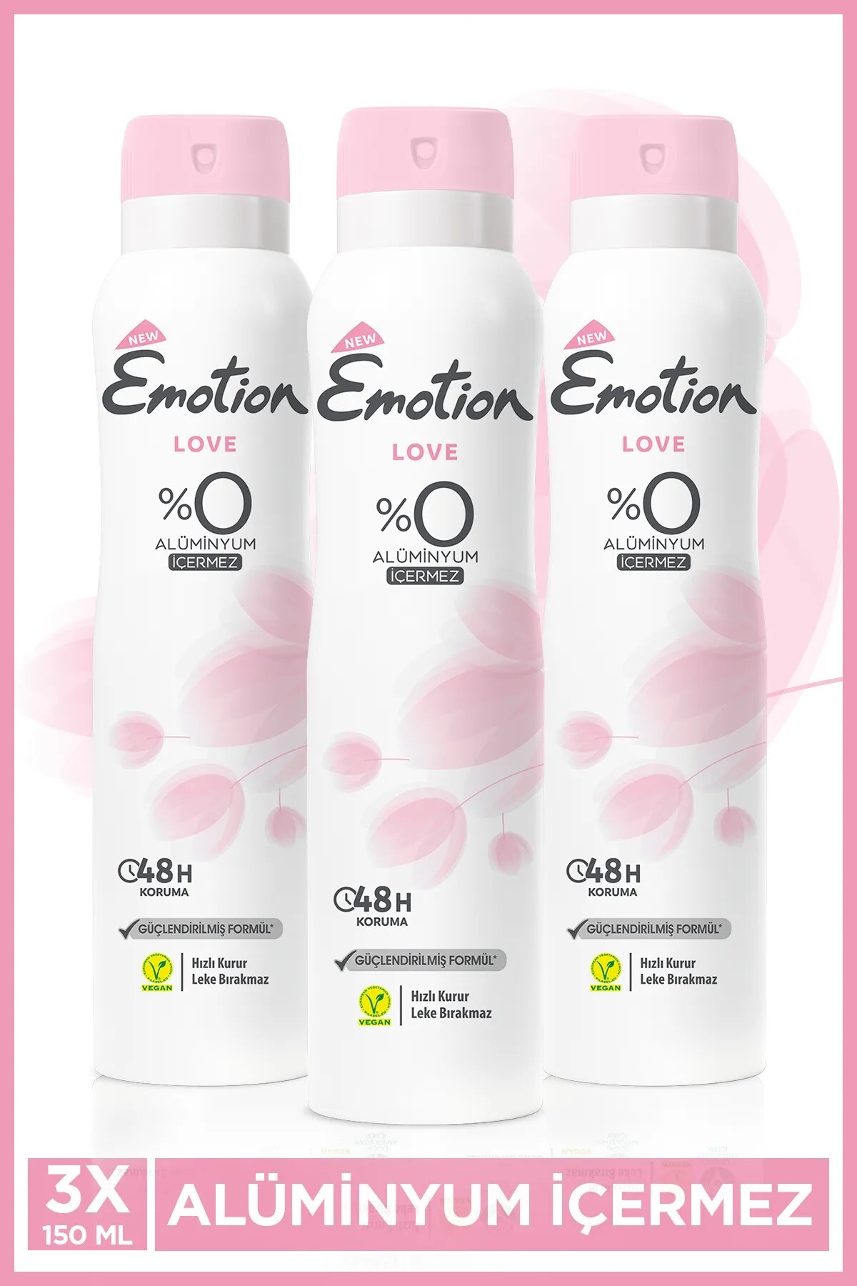 Emotion Love Kadın Alüminyumsuz Vegan Deodorant 3x150ml Hızlı Kurur, Leke Bırakmaz
