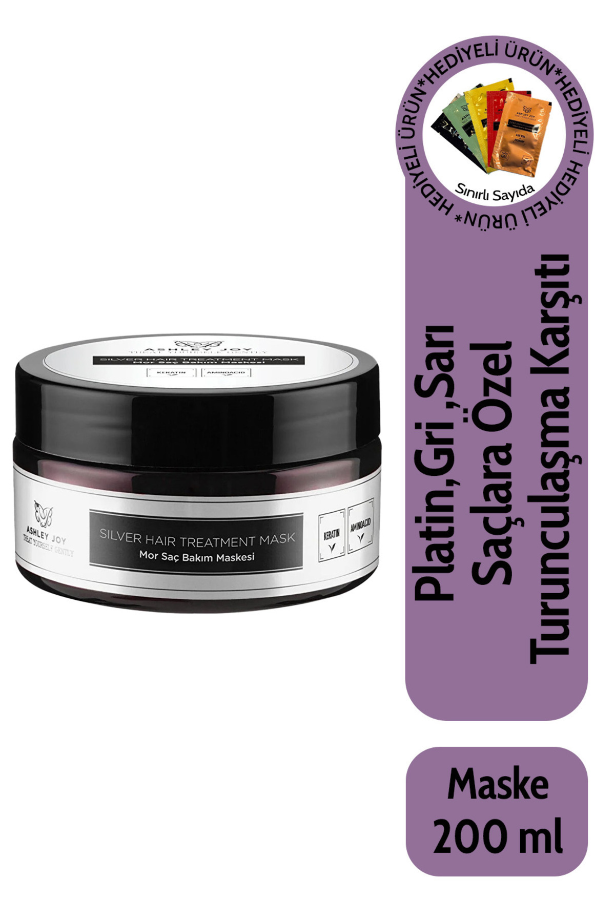 ASHLEY JOY Platin, Sarı Saçlara Özel Turunculaşma Karşıtı Keratin Içeren Sülfatsız Mor Saç Bakım Maskesi 200 ml