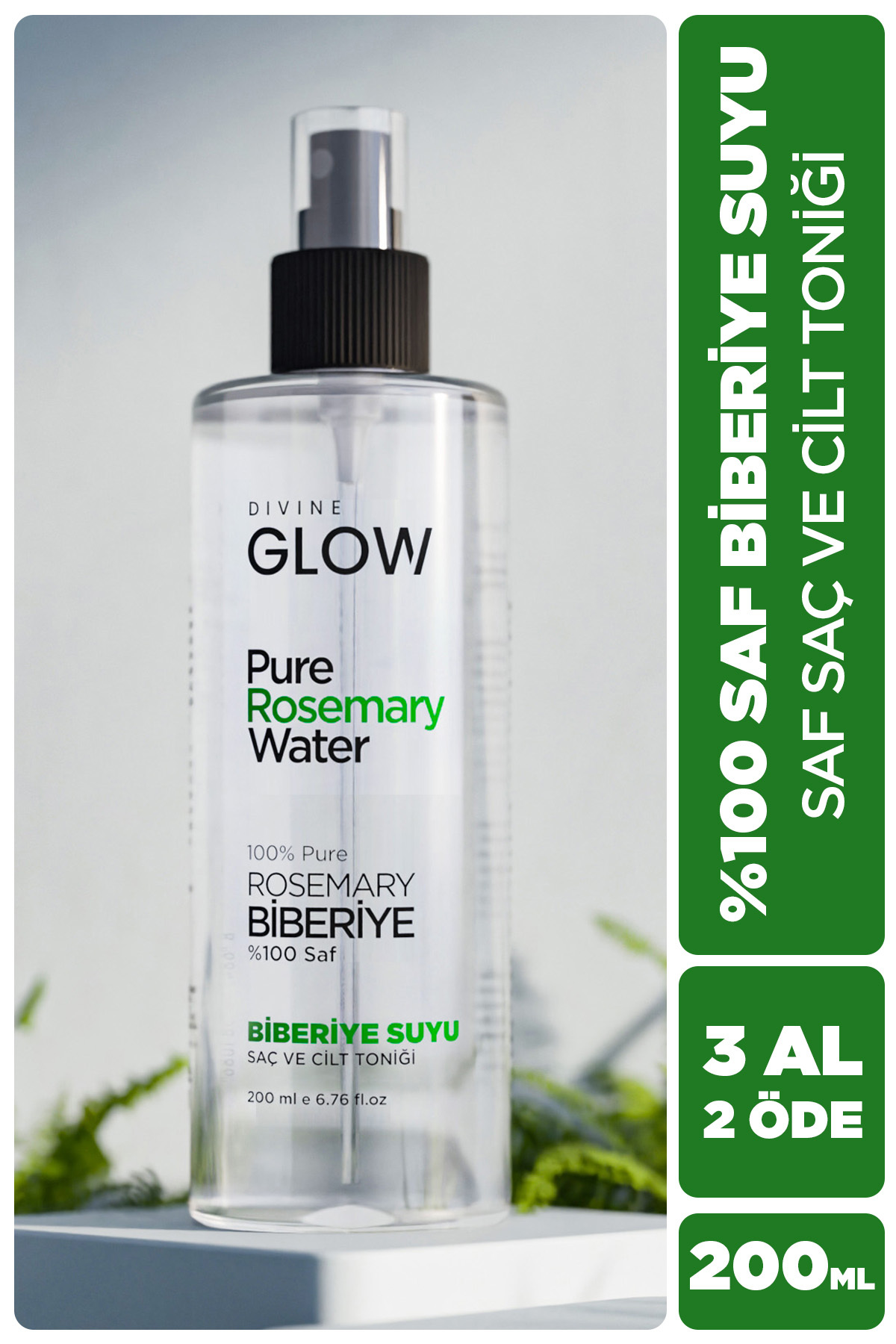 Divine Glow Sağlıklı Saç Uzama Destekleyici & Dökülme Karşıtı %100 Saf Biberiye Suyu 200ml