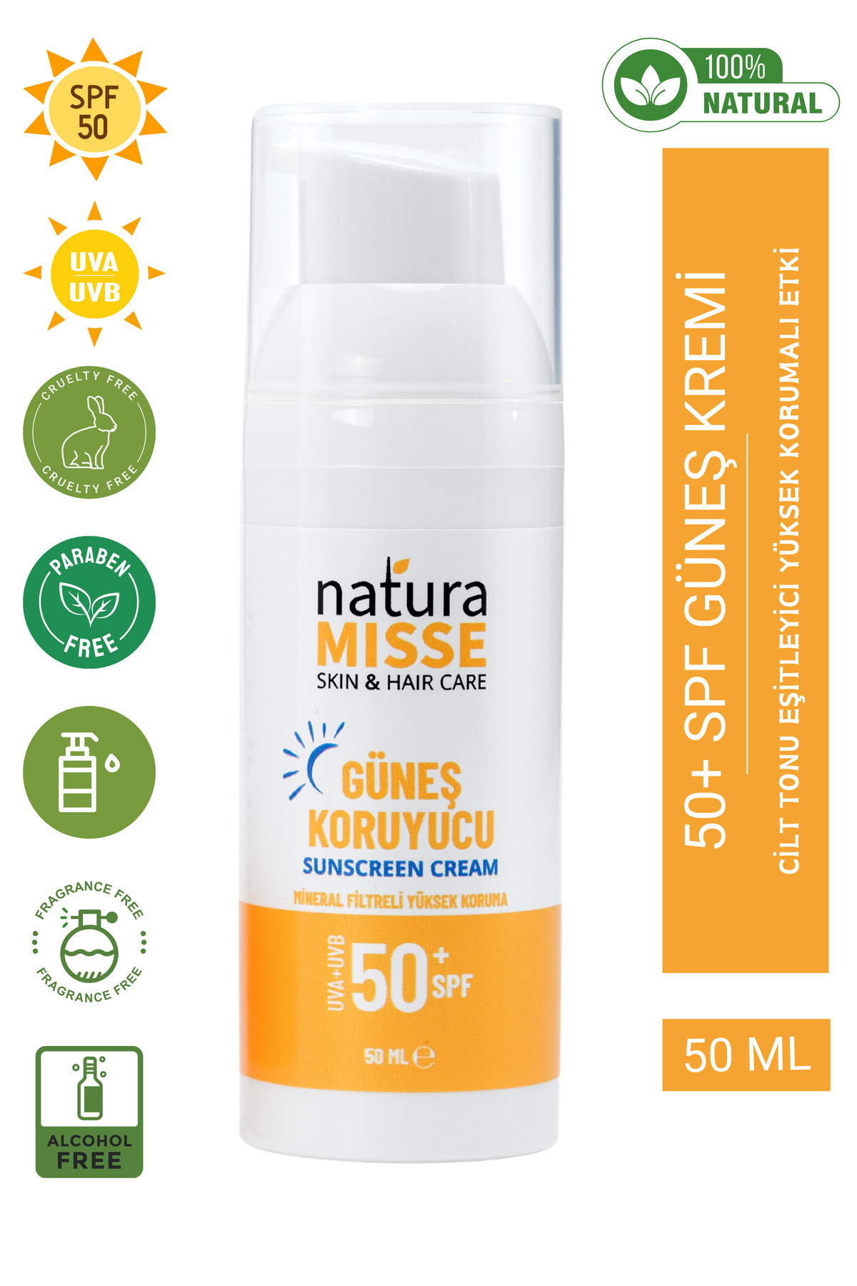 NaturaMisse Doğal Güneş Kremi 50 ml Uva Uvb Spf 50 Yüksek Koruma Leke Karşıtı Bakım Nemlendirici Su Bazlı Krem