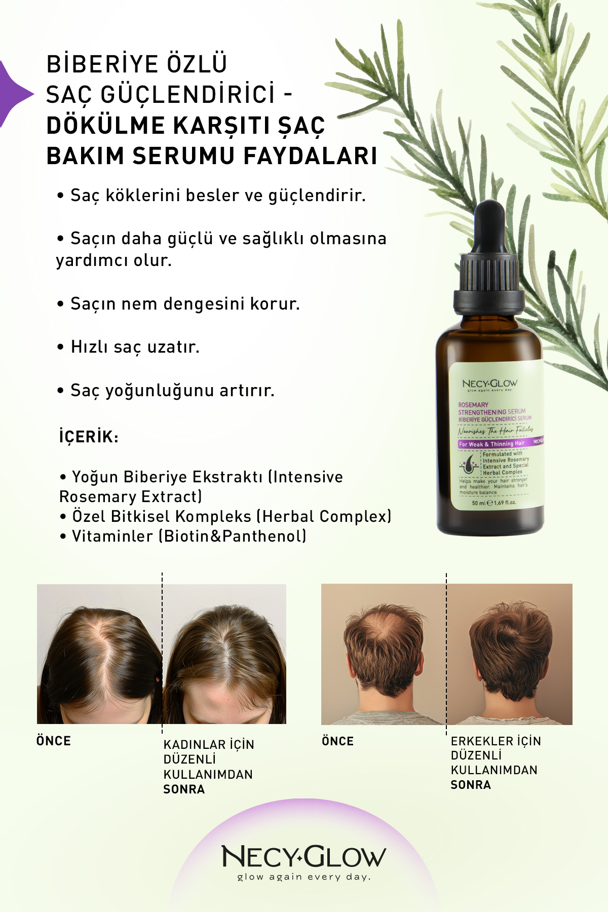 NECY GLOW Biberiye içerikli Saç Bakım Serumu Güçlendirici Saç Oluşumu Destekleyici Dökülme Karşıtı 50 ml