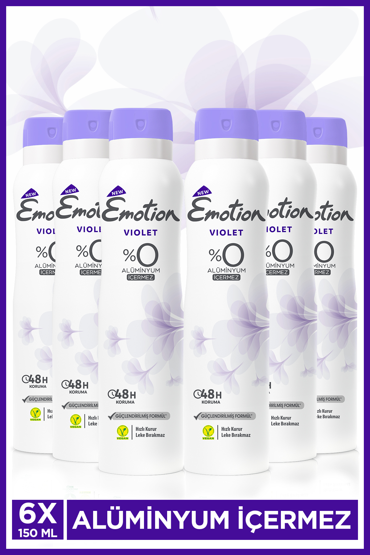 Emotion Violet Kadın Alüminyumsuz Vegan Deodorant 6x150ml Hızlı Kurur,Leke Bırakmaz
