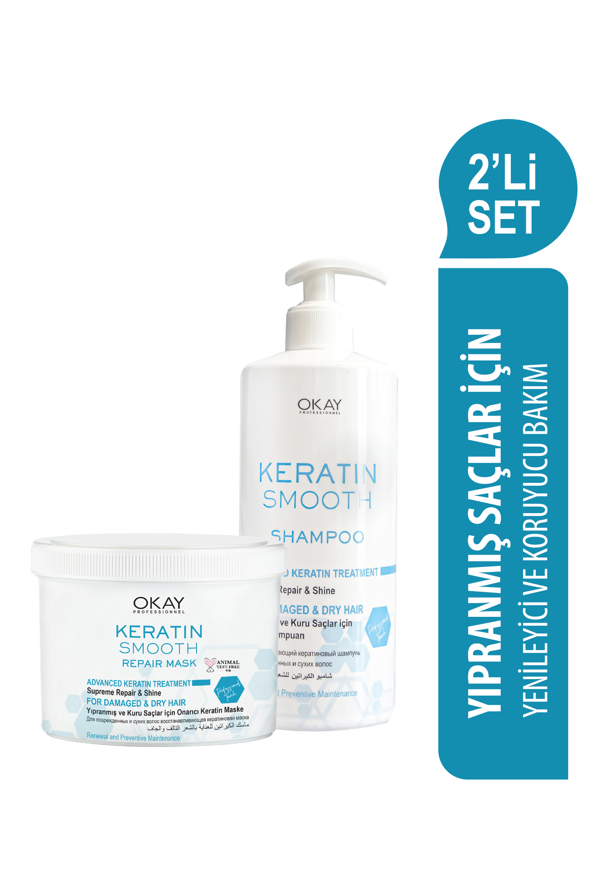 OKAYPROFESSIONNEL KERATIN SMOOTH 2'Lİ BAKIM SETİ Şampuan 500ml + Onarıcı Maske 500ml