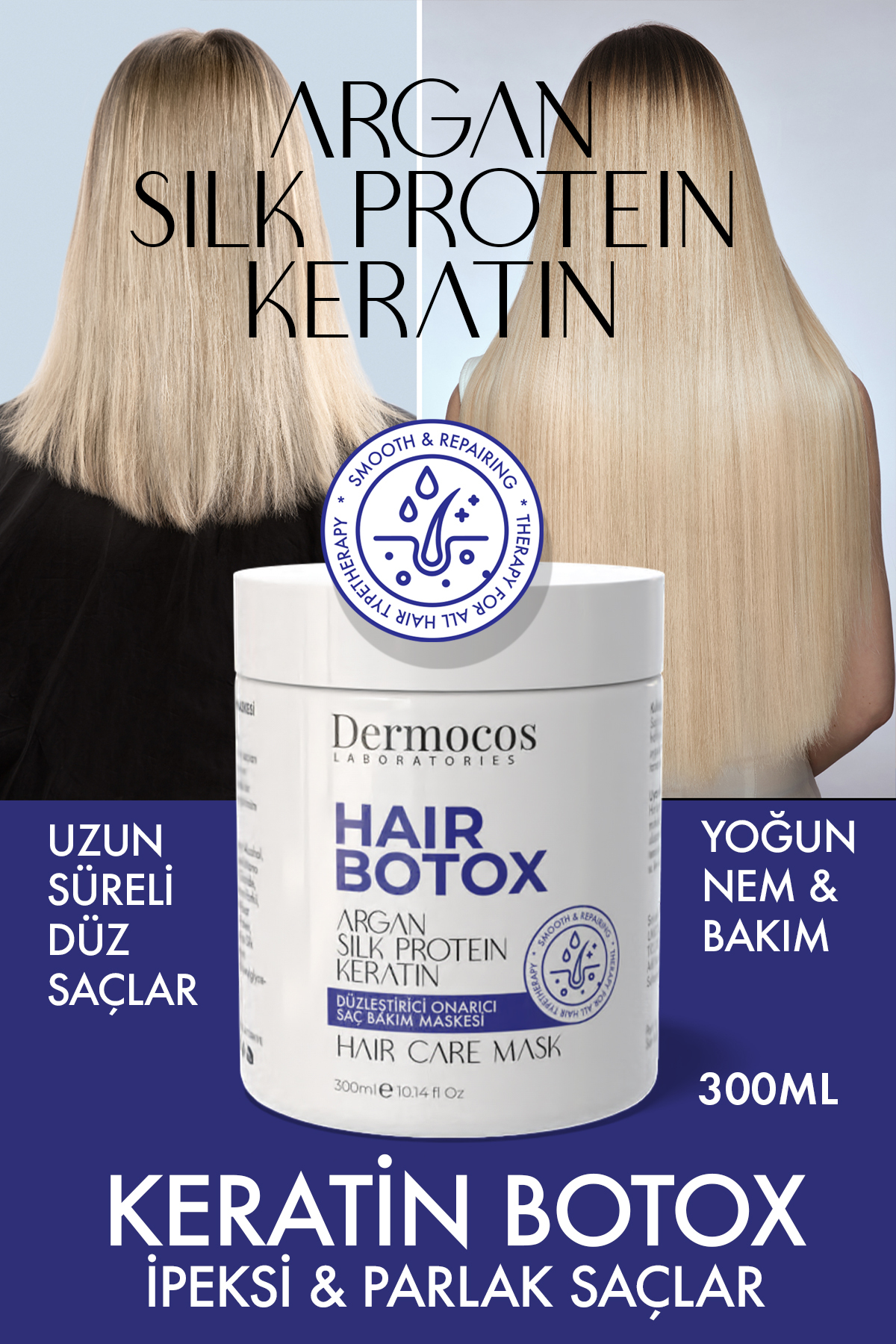 Dermocos Keratin Saç Botox 300ml – Saç Bakım Maskesi İpek Proteini, Keratin, Argan ile Derinlemesine Bakım