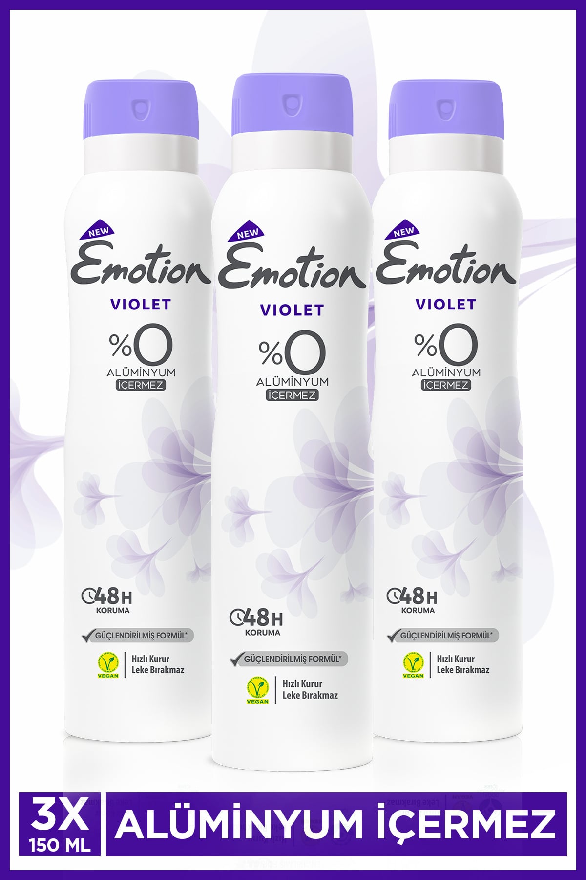 Emotion Violet Kadın Alüminyumsuz Vegan Deodorant 3x150ml Hızlı Kurur,Leke Bırakmaz