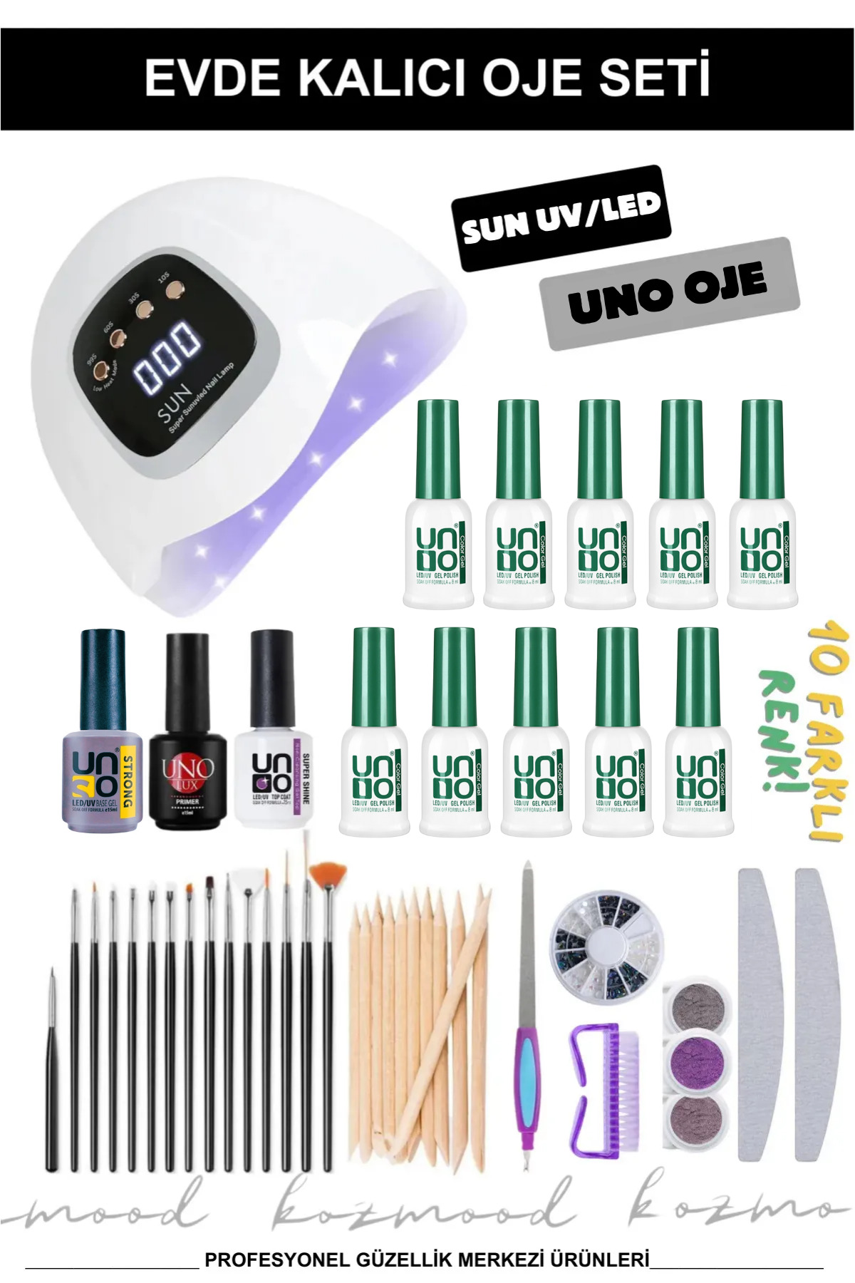 KozMood Evde Kalıcı Oje Seti (UV/LED 10 ADET UNO KALICI OJE SÜS FIRÇA) Tam Set